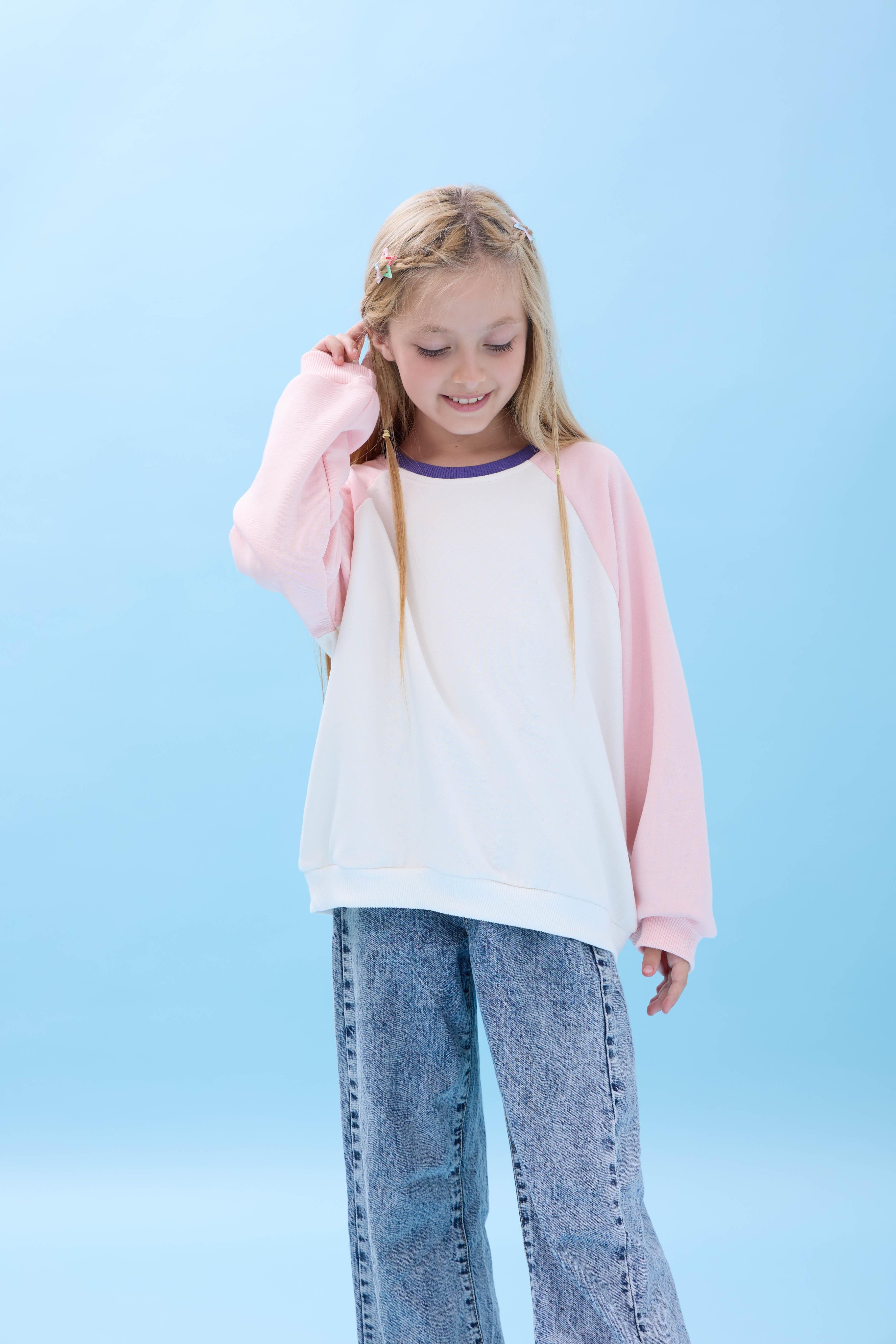 Kız Çocuk Bisiklet Yaka Renkli Basic Oversize Mevsimlik Kreş Sweatshirt - Ekru/Pembe