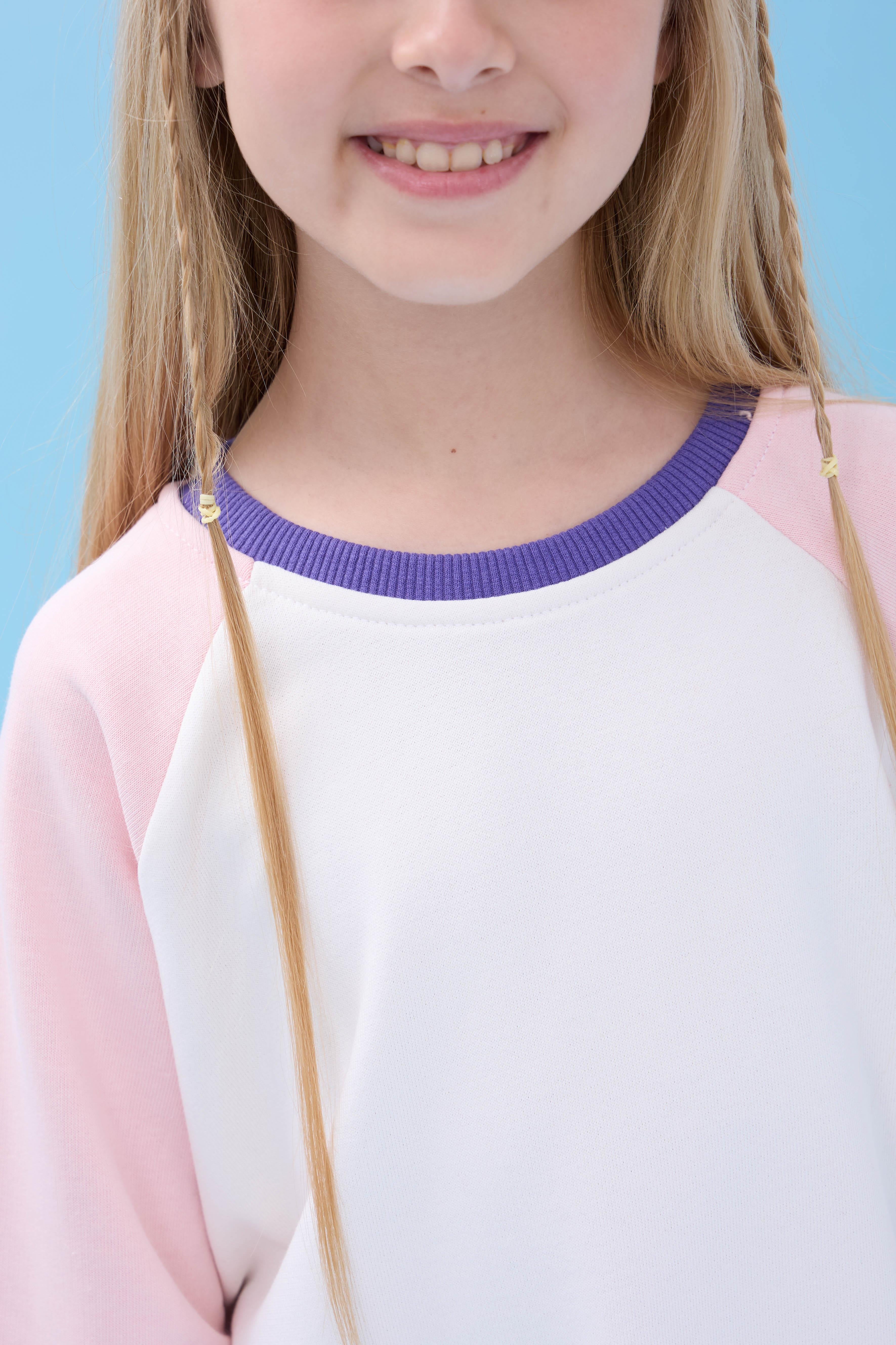 Kız Çocuk Bisiklet Yaka Renkli Basic Oversize Mevsimlik Kreş Sweatshirt - Ekru/Pembe
