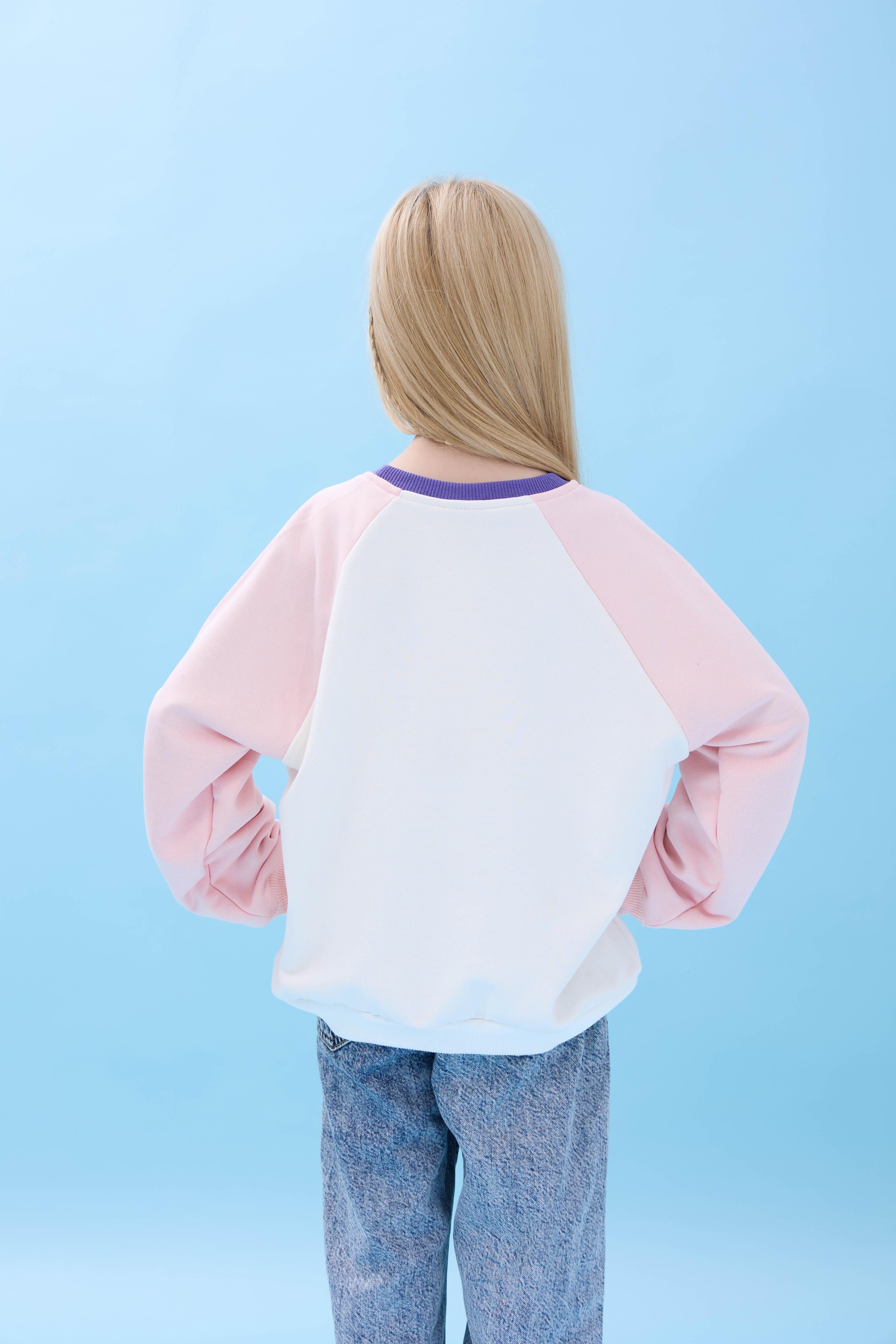 Kız Çocuk Bisiklet Yaka Renkli Basic Oversize Mevsimlik Kreş Sweatshirt - Ekru/Pembe