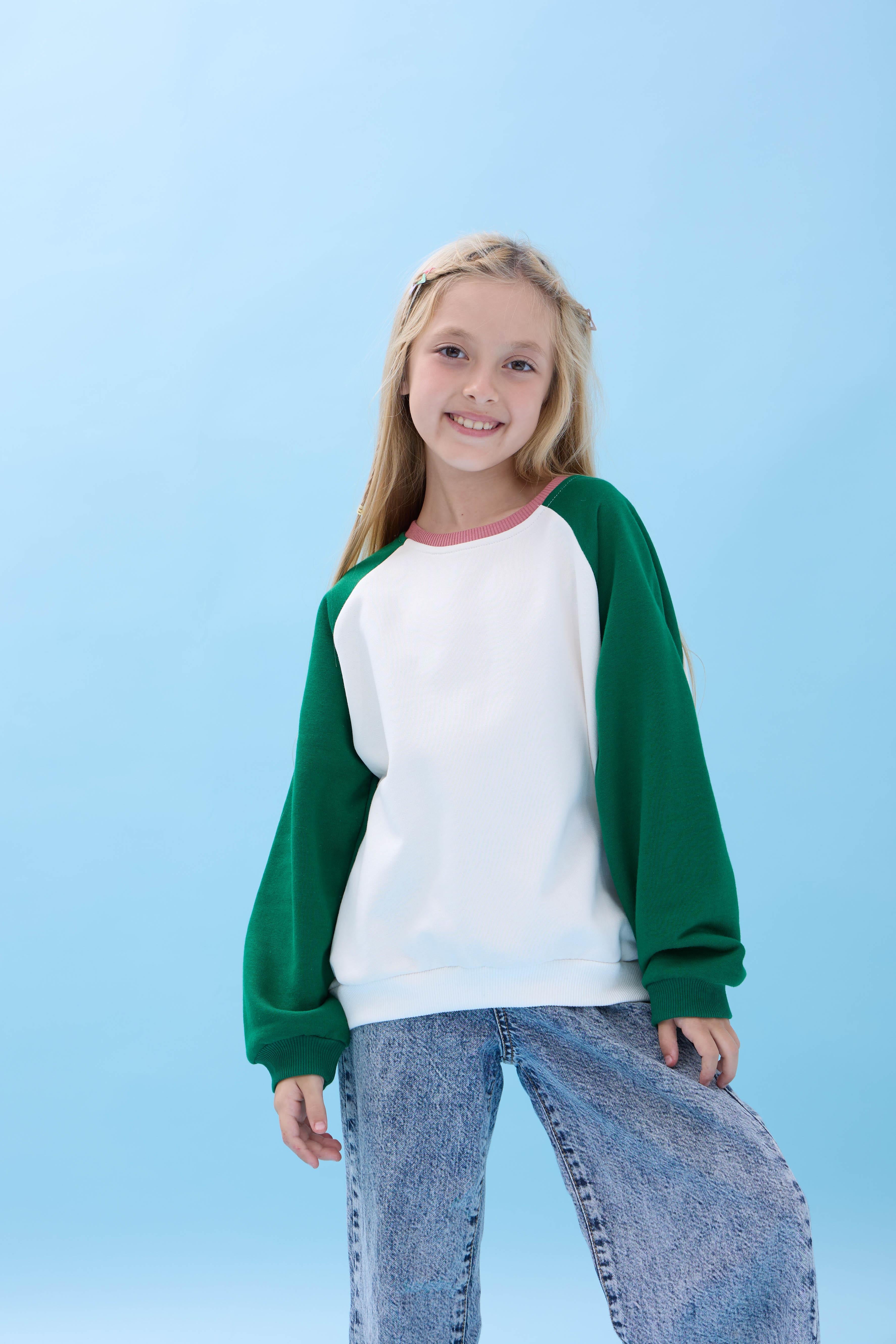 Kız Çocuk Bisiklet Yaka Renkli Basic Oversize Mevsimlik Kreş Sweatshirt - Ekru/Yeşil