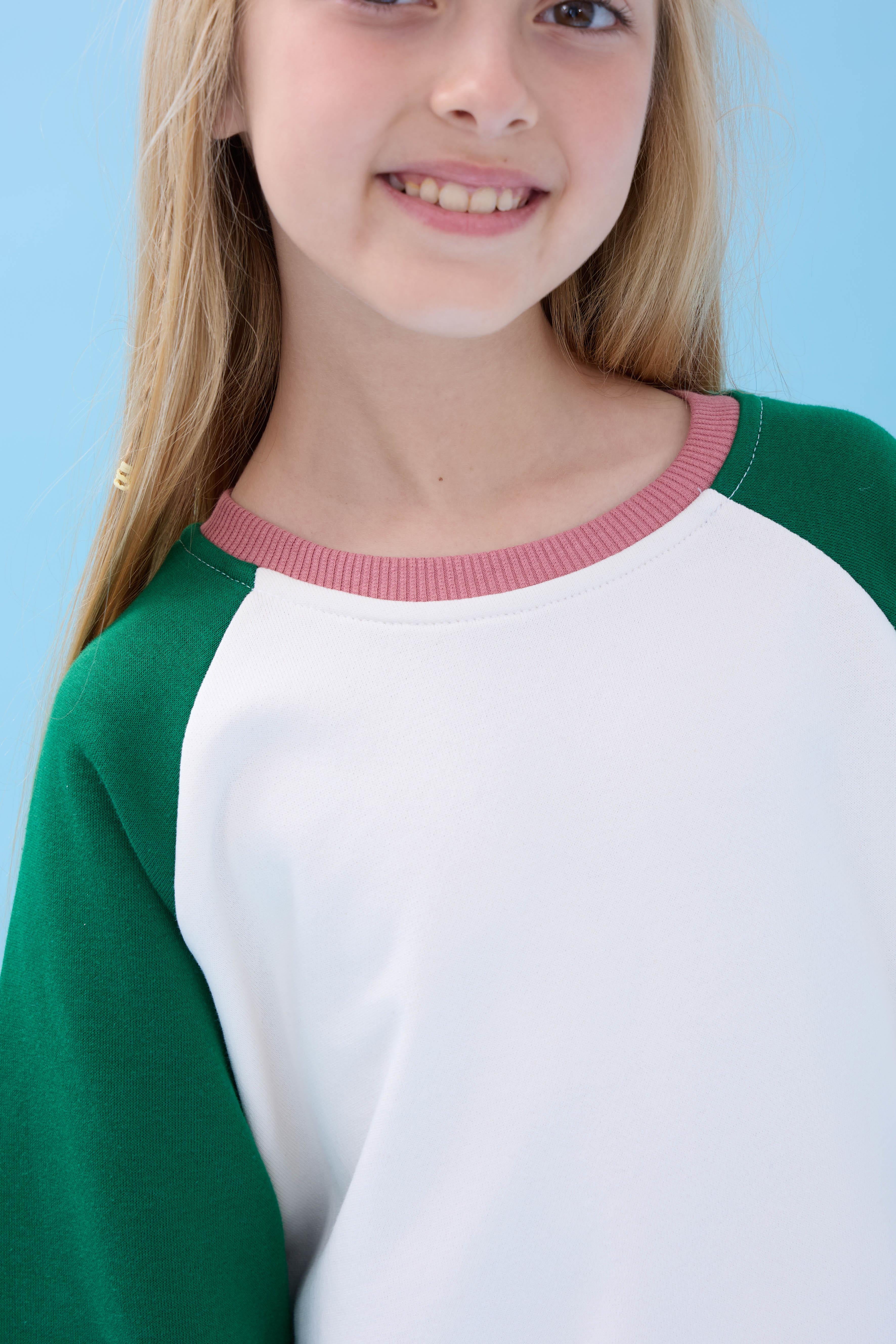 Kız Çocuk Bisiklet Yaka Renkli Basic Oversize Mevsimlik Kreş Sweatshirt - Ekru/Yeşil