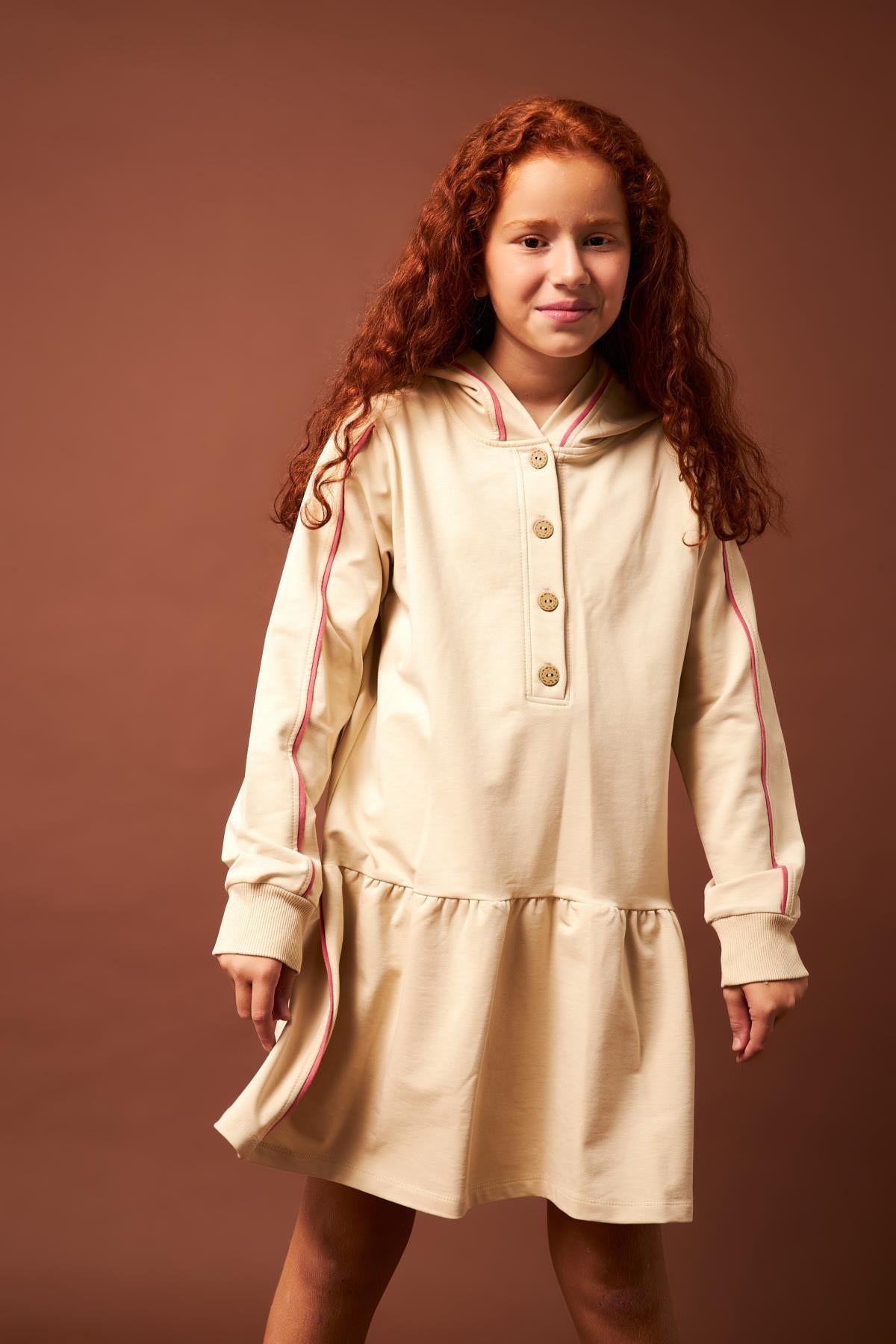 Biye Detaylı Kapüşonlu Kız Çocuk Elbise Taş - Perendi