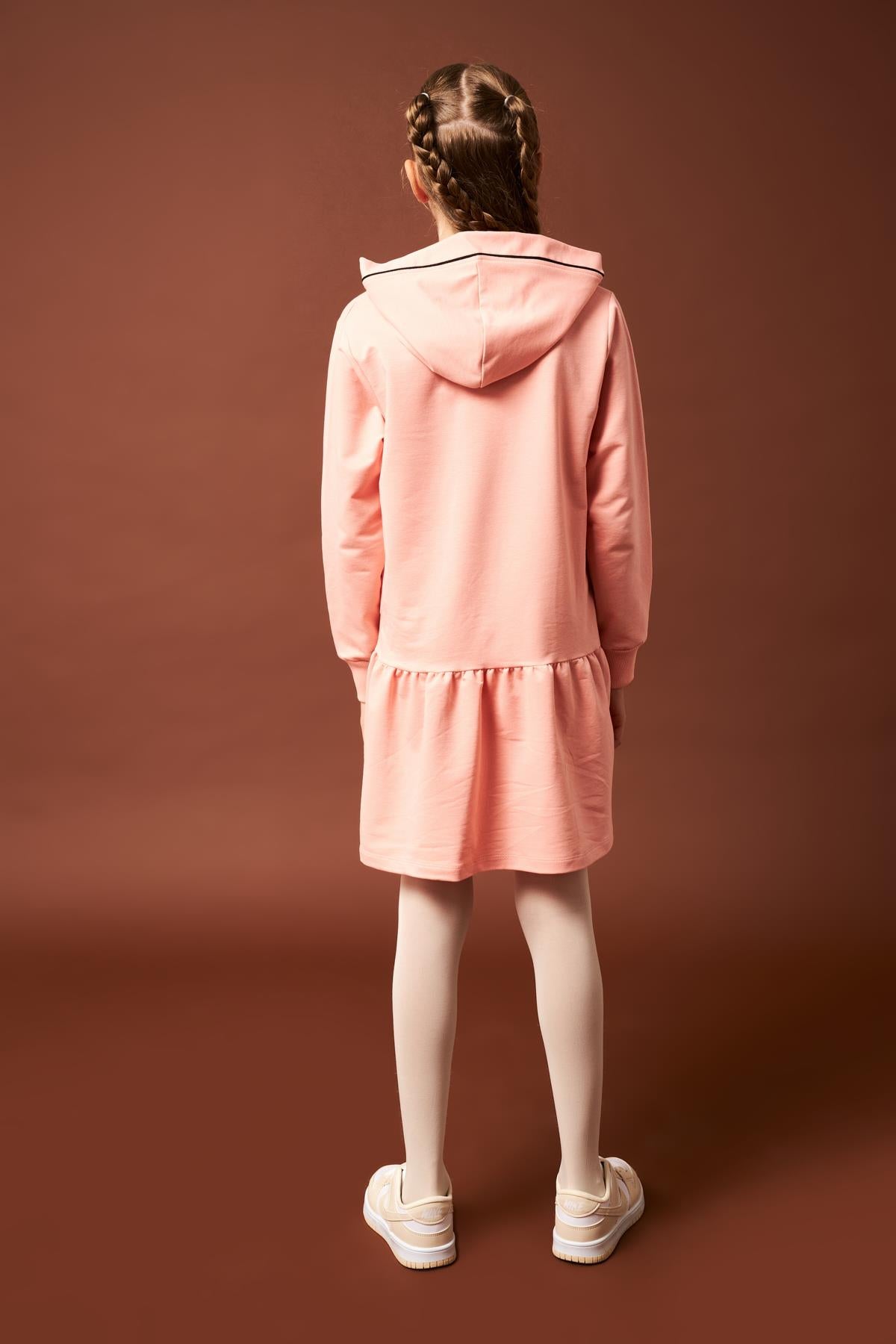 Biye Detaylı Kapüşonlu Kız Çocuk Elbise Yavruağzı - Perendi