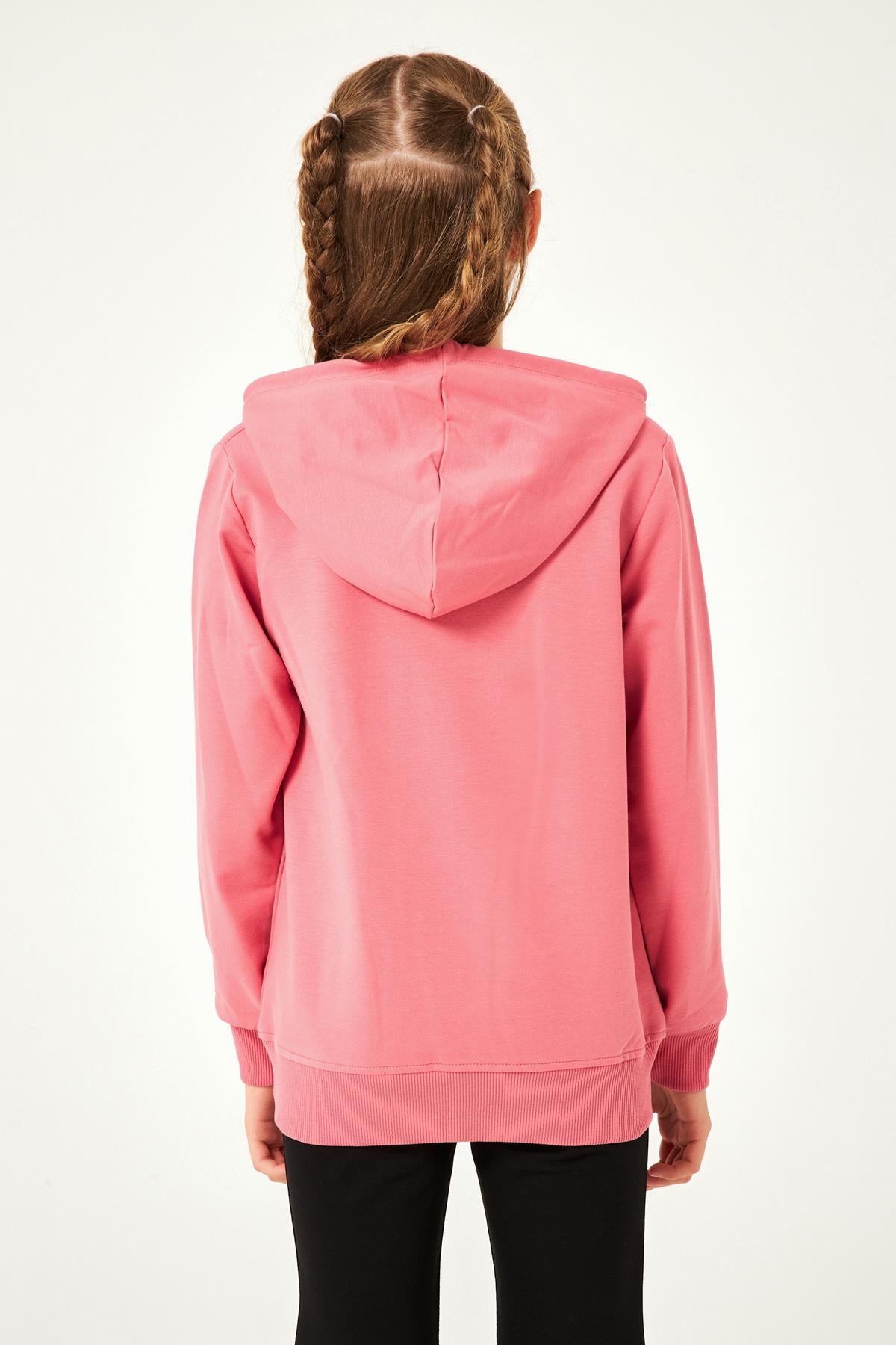 California Baskı Detaylı Kapüşonlu Kız Çocuk Sweatshirt Gül Kurusu - Perendi