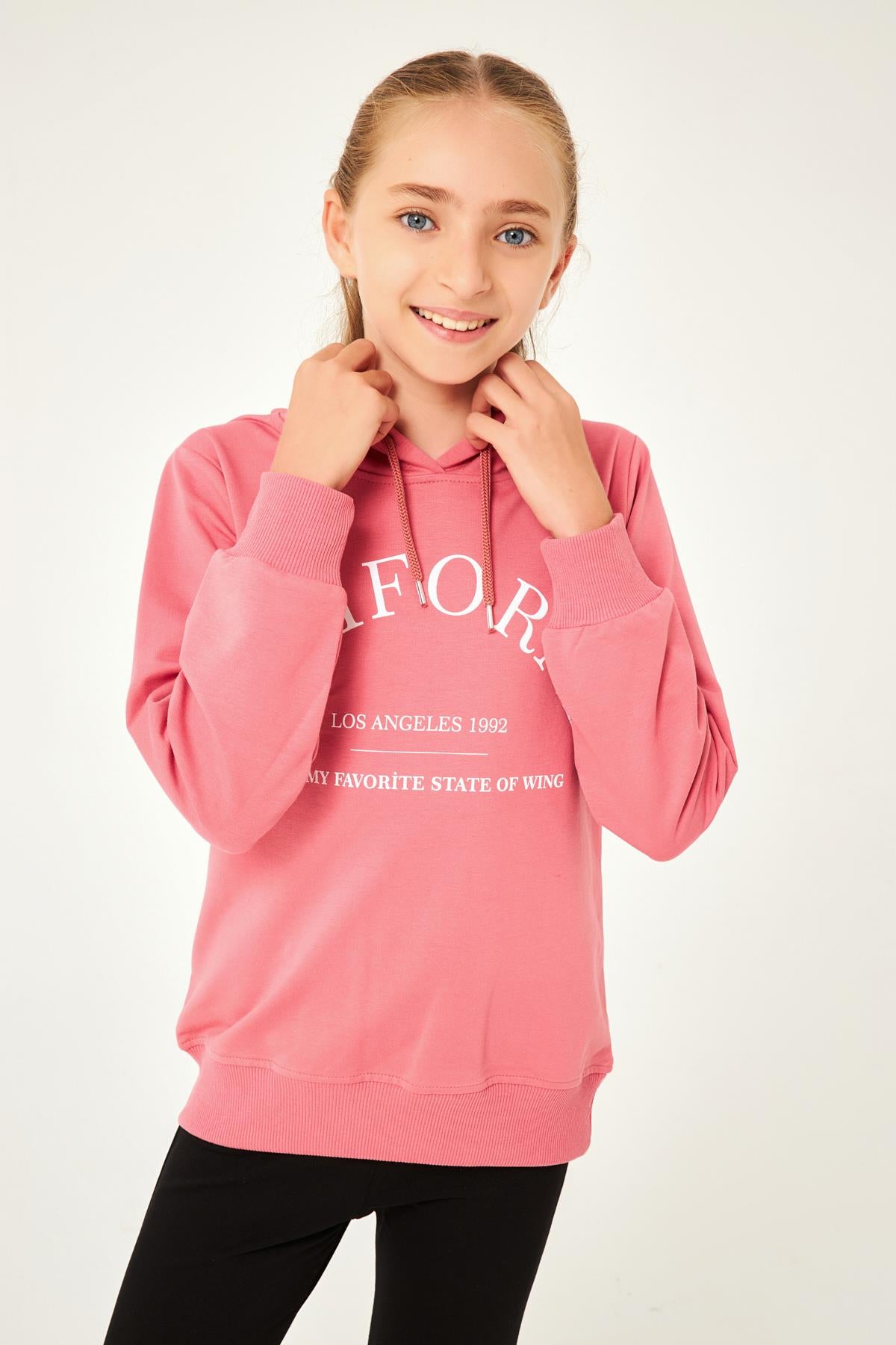 California Baskı Detaylı Kapüşonlu Kız Çocuk Sweatshirt Gül Kurusu - Perendi