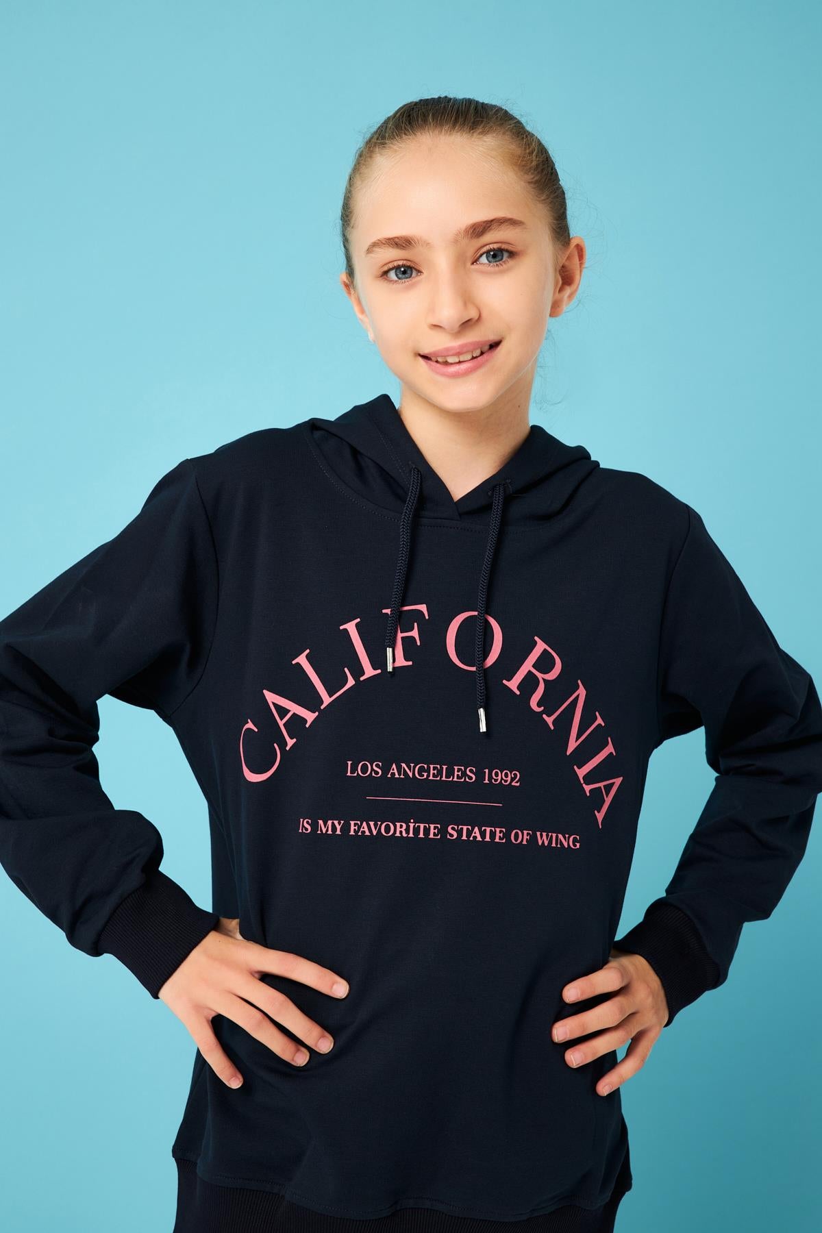 California Baskı Detaylı Kapüşonlu Kız Çocuk Sweatshirt Lacivert - Perendi