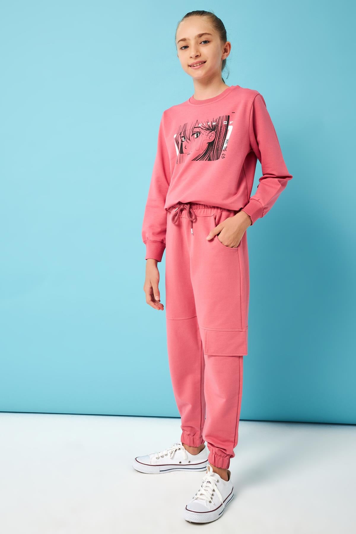 Cep Kapağı Detaylı Kız Çocuk Eşofman Altı Gül Kurusu - Perendi