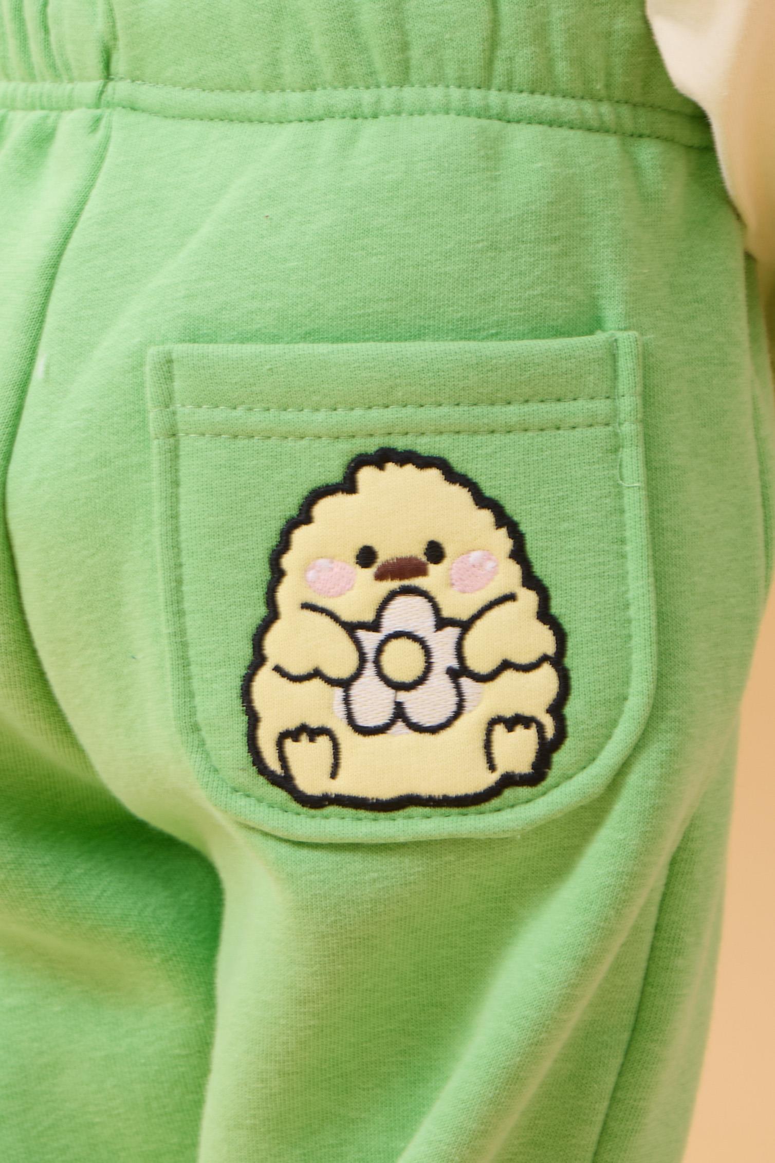 Kız Çocuk Cep Nakışlı Civciv ve Sarı Kuş 2'li Eşofman Altı Yeşil-Pembe