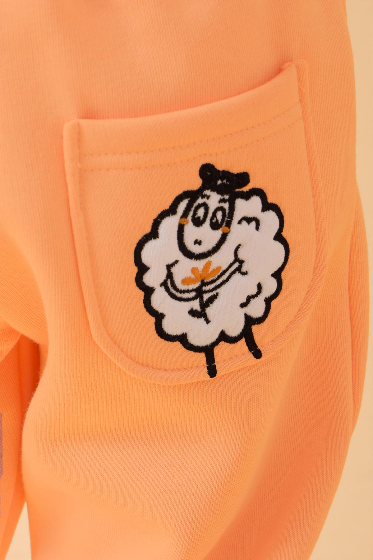 Kız Çocuk Cep Nakışlı Kuzu ve Mavi Kuş 2'li Eşofman Altı Somon-Bebe Mavisi