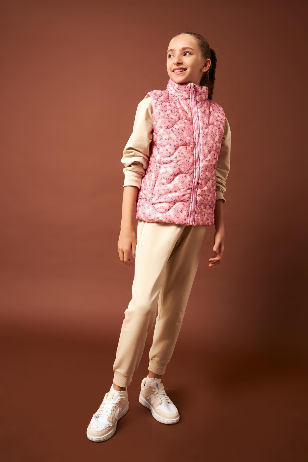 Çiçek Desenli Kız Çocuk Yelek Gül Kurusu - Perendi