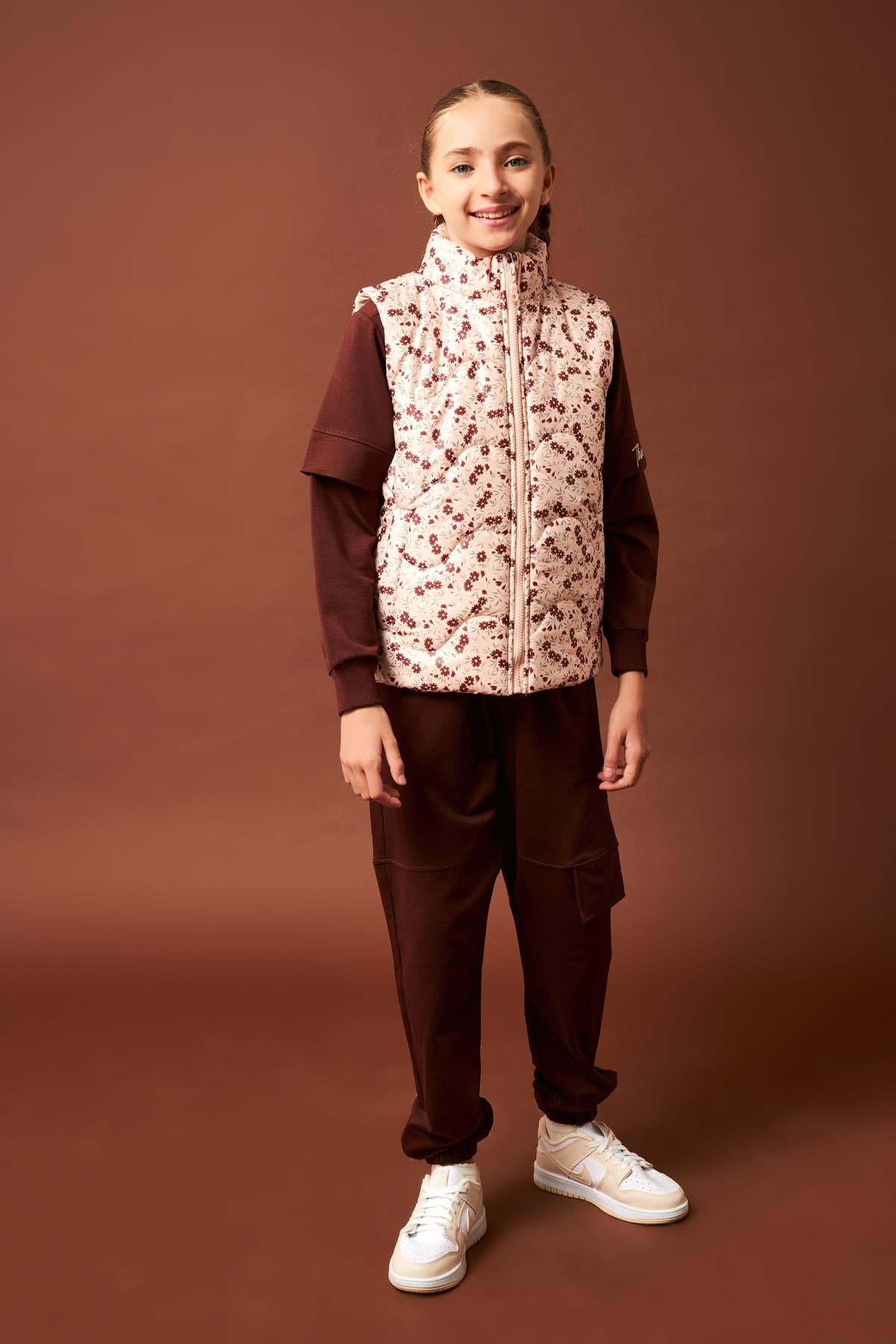 Çiçek Desenli Kız Çocuk Yelek Taş - Perendi