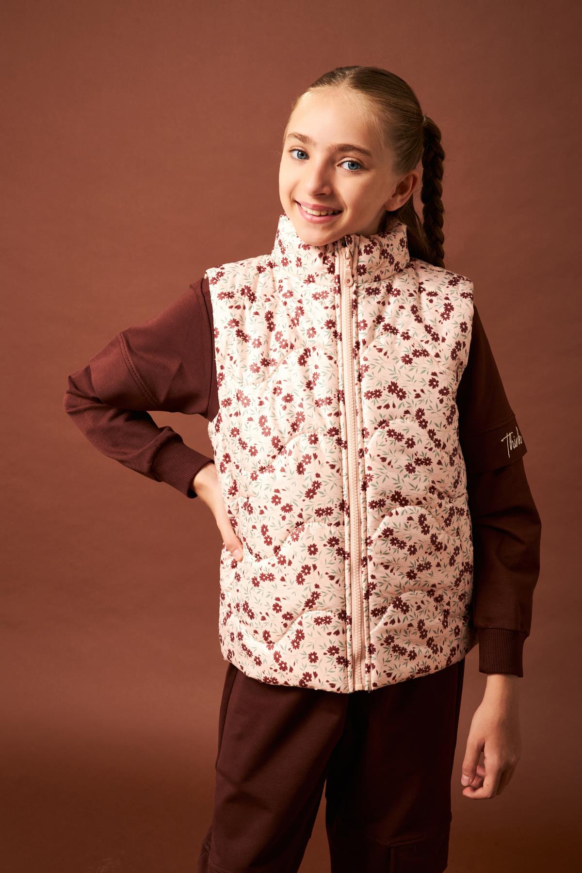 Çiçek Desenli Kız Çocuk Yelek Taş - Perendi