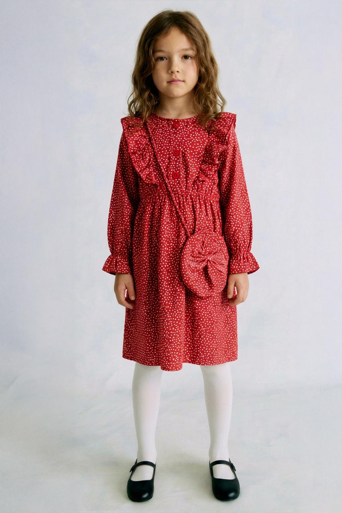 Kız Çocuk Desenli Çanta Hediyeli Mevsimlik Elbise