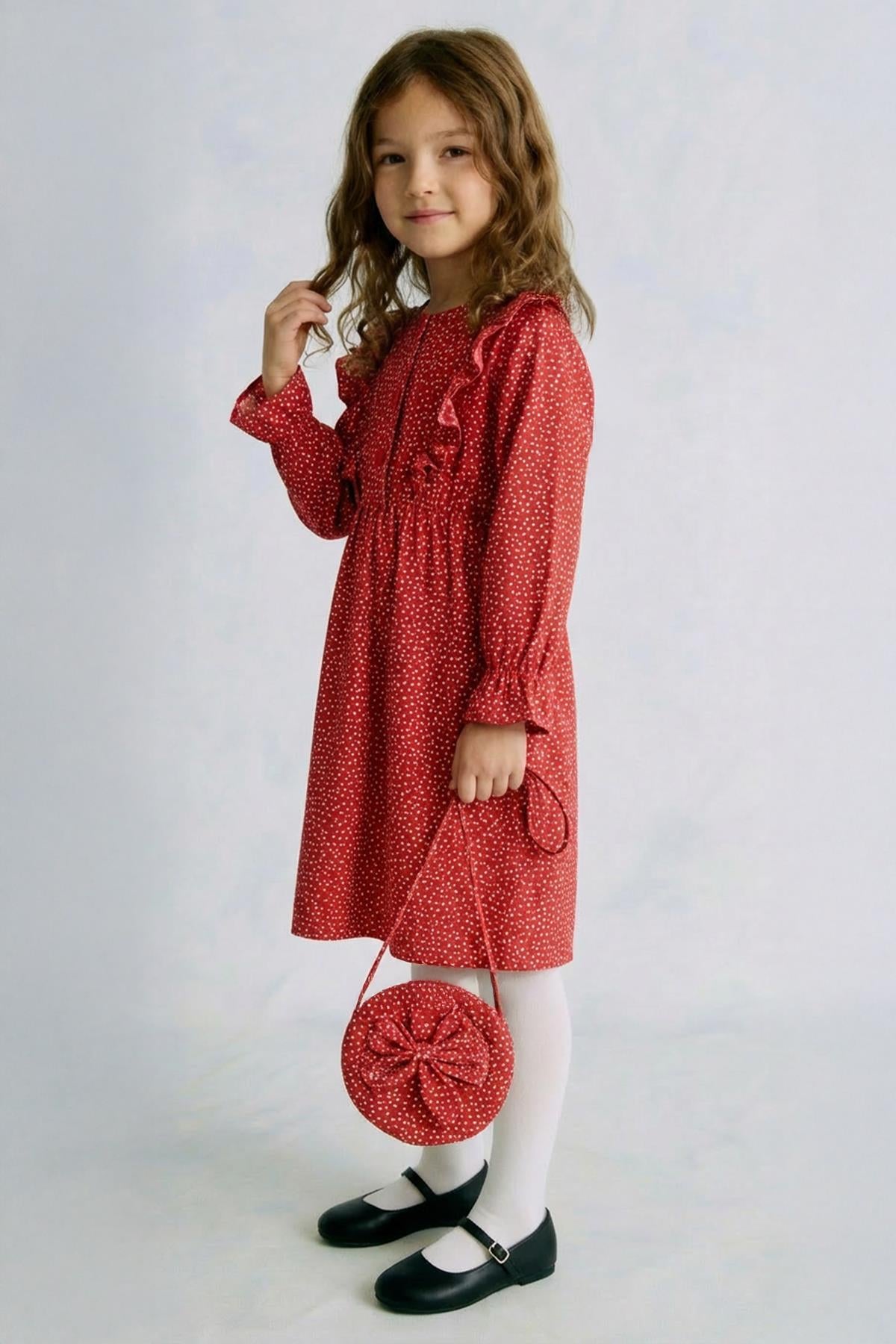 Kız Çocuk Desenli Çanta Hediyeli Mevsimlik Elbise