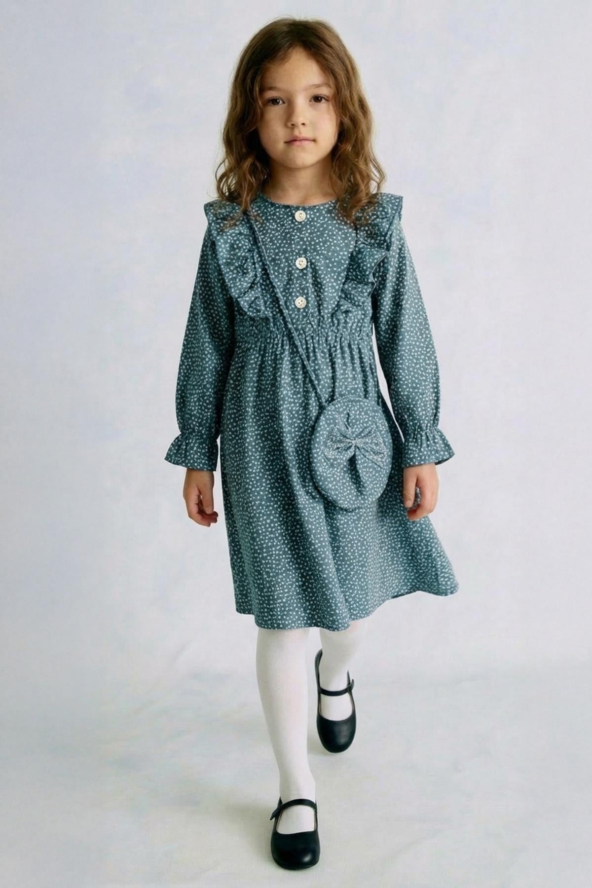 Kız Çocuk Desenli Çanta Hediyeli Mevsimlik Elbise