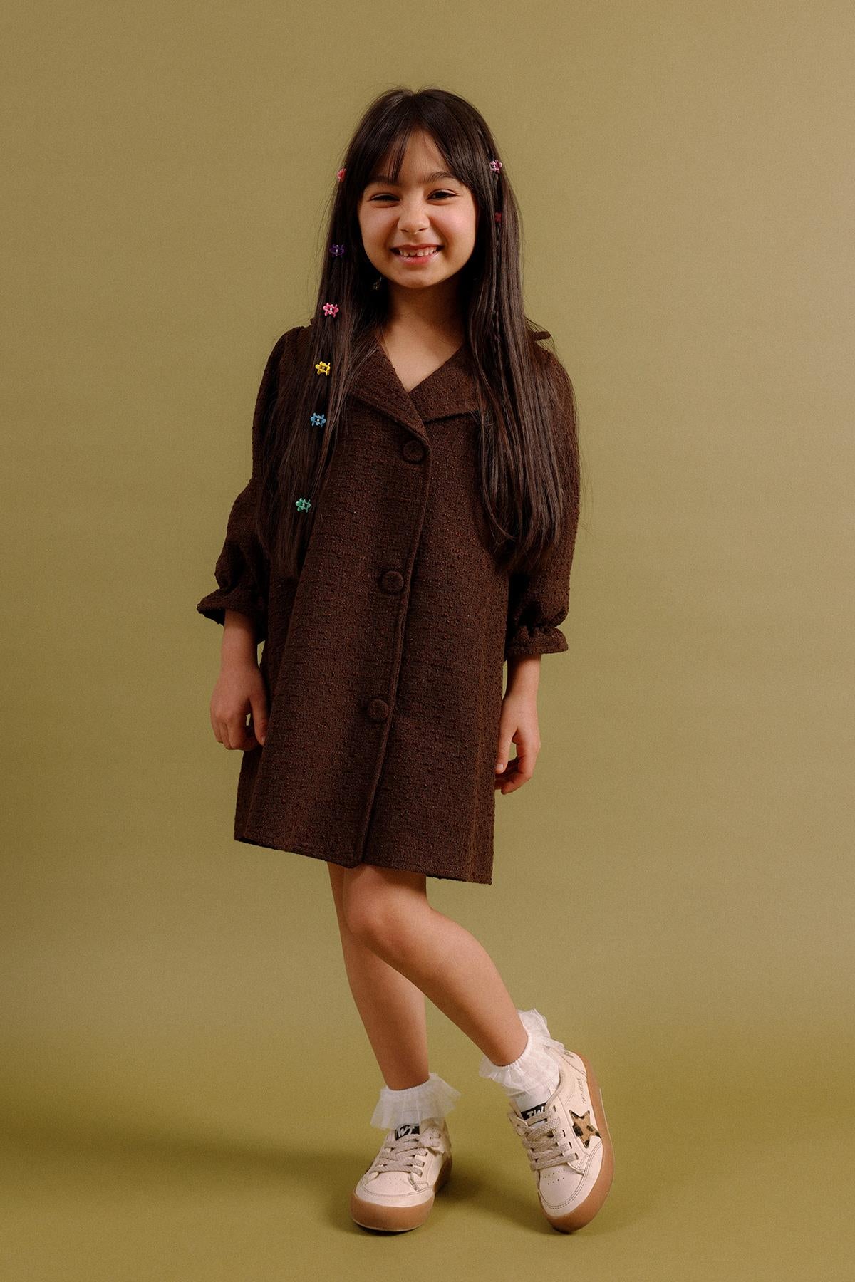 Kız Çocuk Düğmeli Kemerli Fakir Kol Trençkot Elbise – Özel Gün Kombini