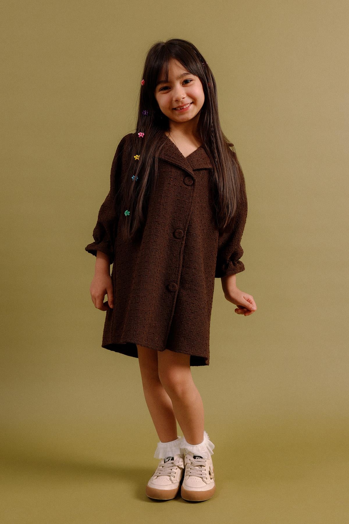 Kız Çocuk Düğmeli Kemerli Fakir Kol Trençkot Elbise – Özel Gün Kombini