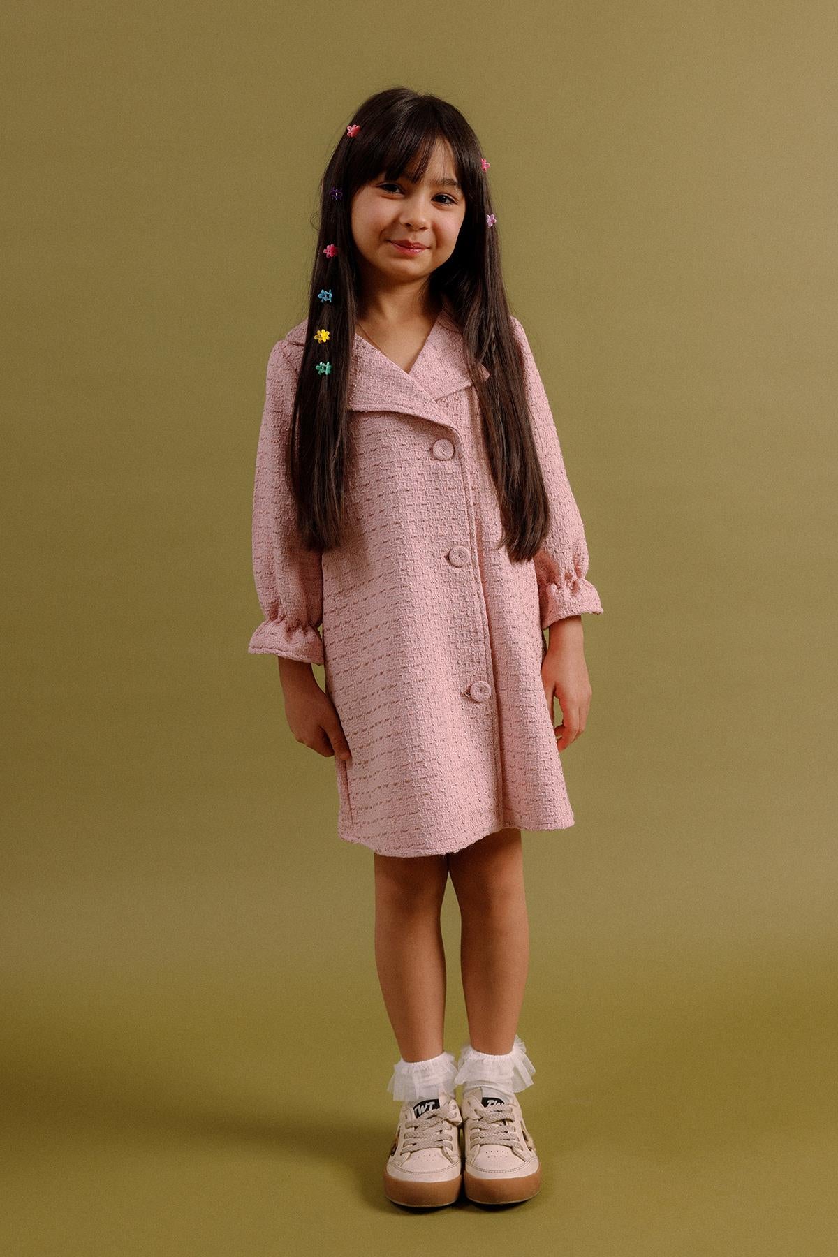 Kız Çocuk Düğmeli Kemerli Fakir Kol Trençkot Elbise – Özel Gün Kombini