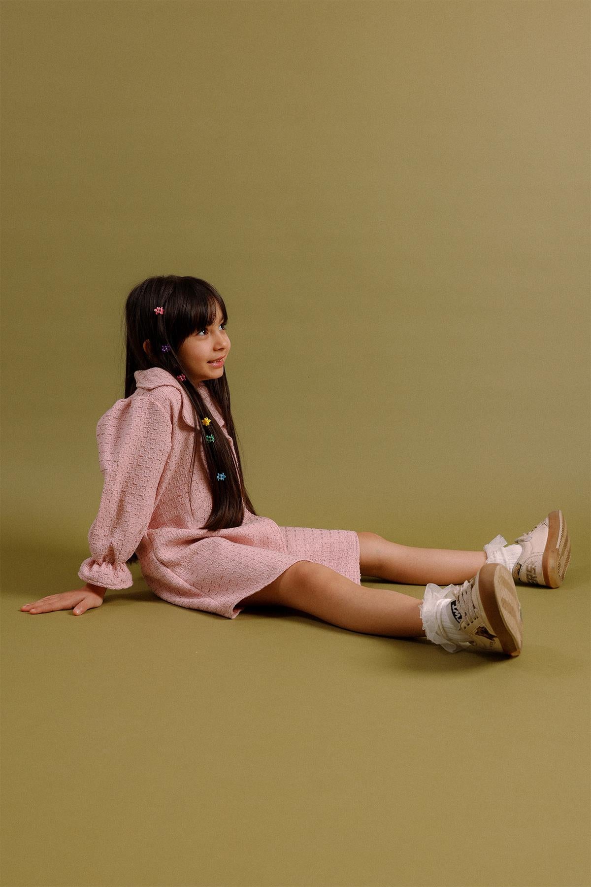 Kız Çocuk Düğmeli Kemerli Fakir Kol Trençkot Elbise – Özel Gün Kombini