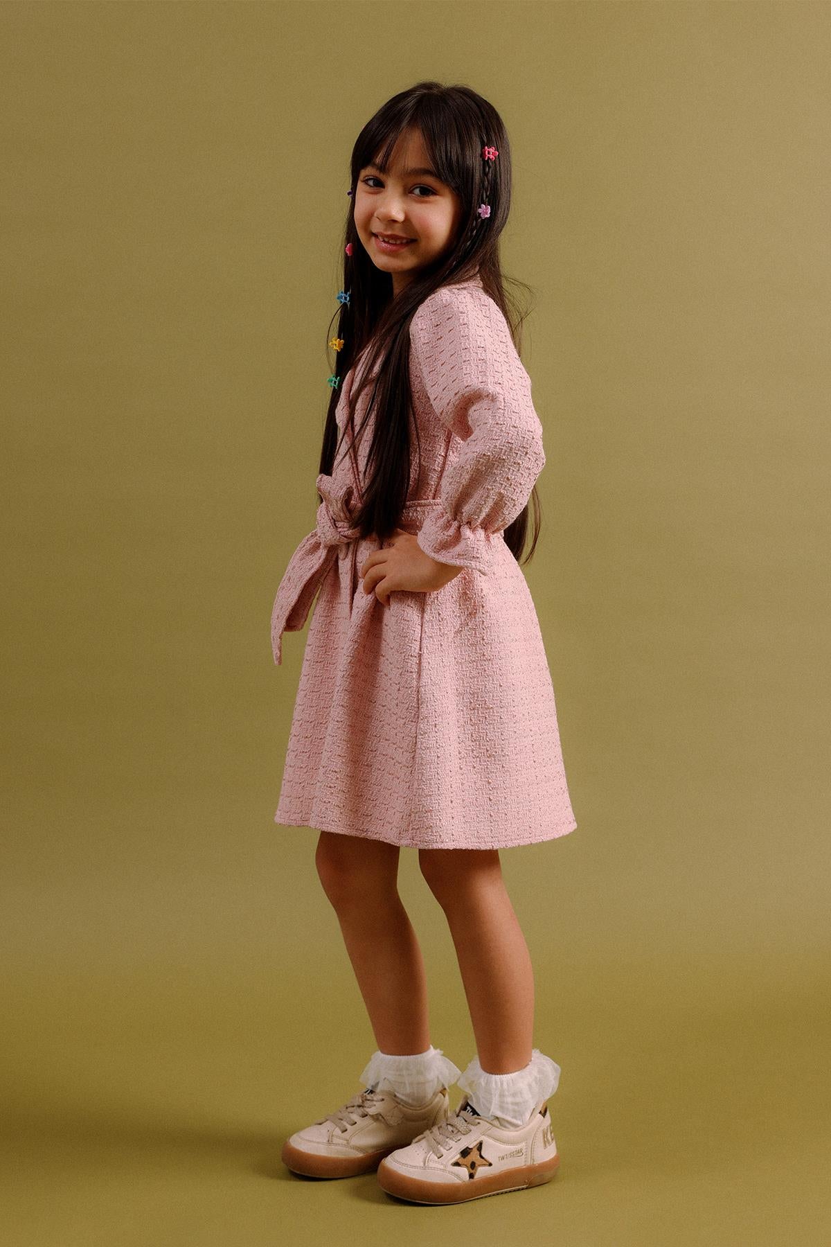 Kız Çocuk Düğmeli Kemerli Fakir Kol Trençkot Elbise – Özel Gün Kombini