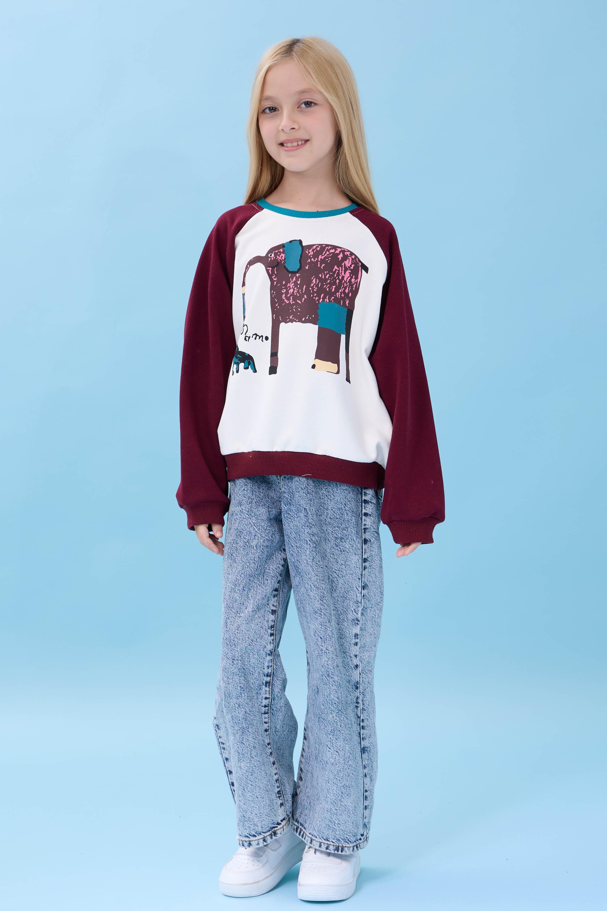 Kız Çocuk Fil Baskılı Bisiklet Yaka Oversize Mevsimlik Sweatshirt - Ekru/Bordo
