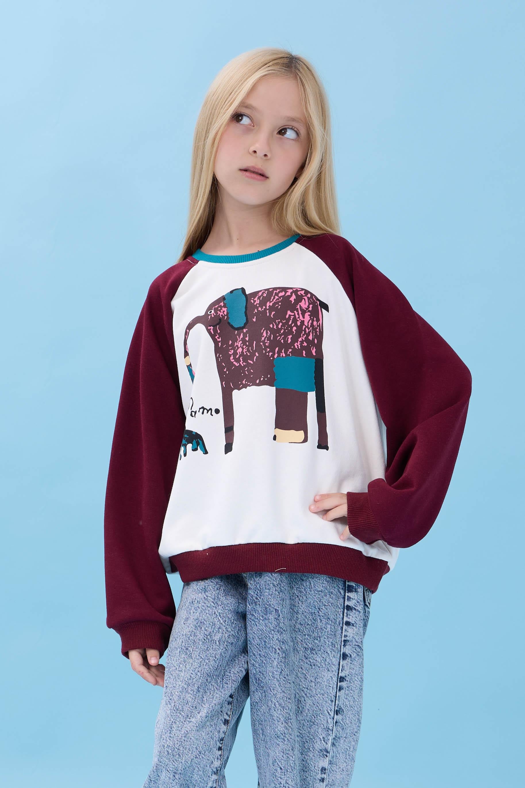 Kız Çocuk Fil Baskılı Bisiklet Yaka Oversize Mevsimlik Sweatshirt - Ekru/Bordo