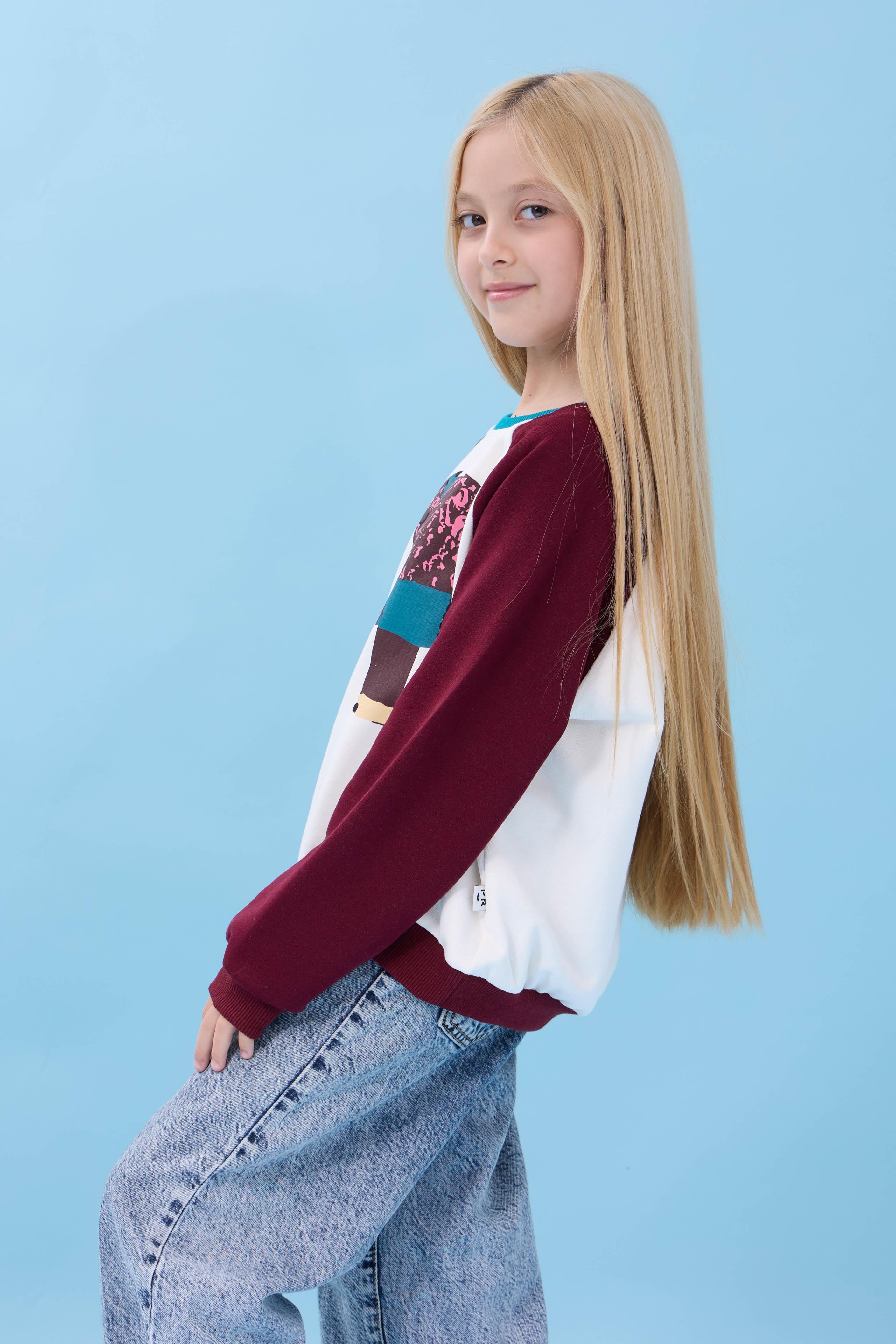 Kız Çocuk Fil Baskılı Bisiklet Yaka Oversize Mevsimlik Sweatshirt - Ekru/Bordo