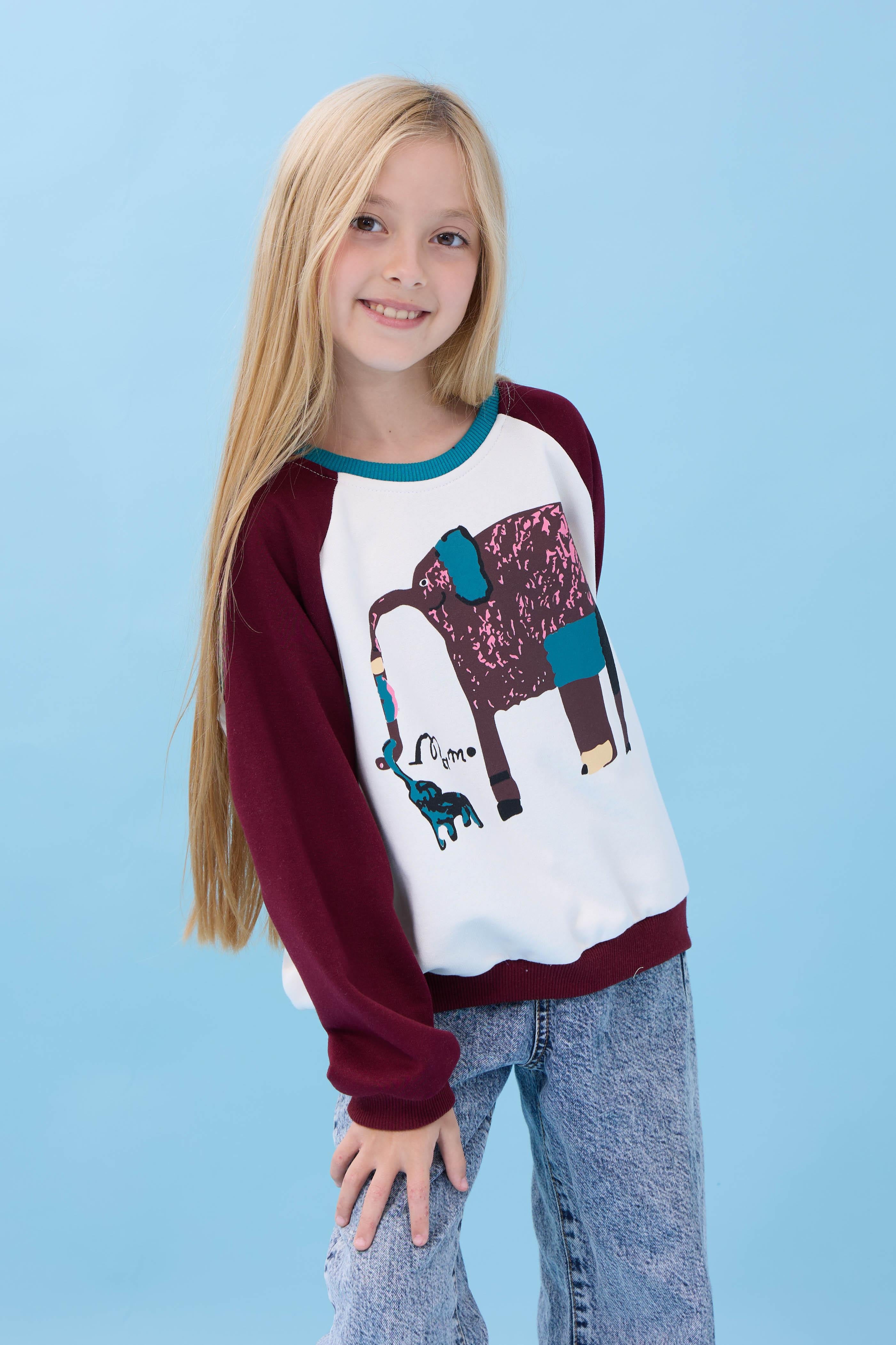 Kız Çocuk Fil Baskılı Bisiklet Yaka Oversize Mevsimlik Sweatshirt - Ekru/Bordo