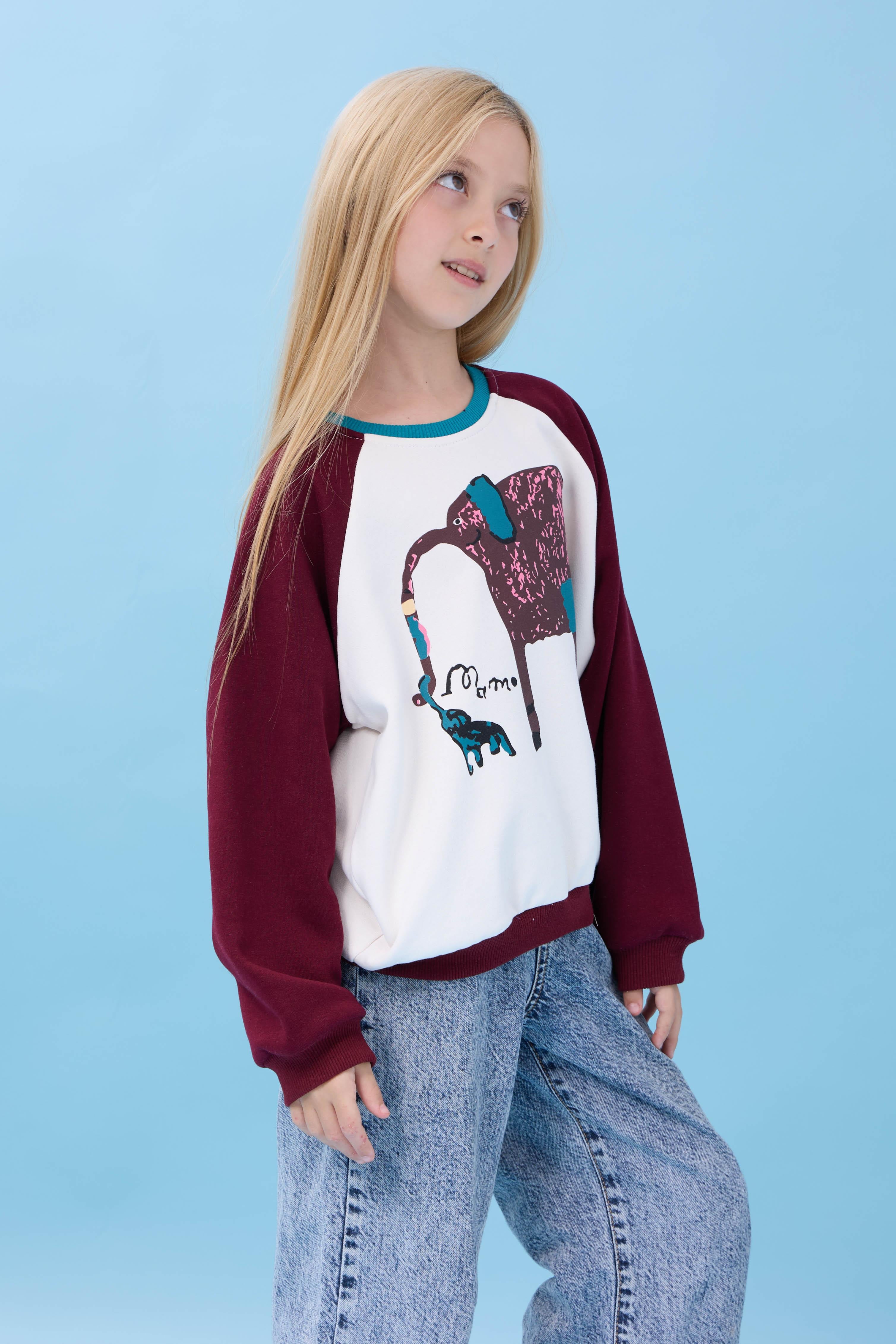 Kız Çocuk Fil Baskılı Bisiklet Yaka Oversize Mevsimlik Sweatshirt - Ekru/Bordo