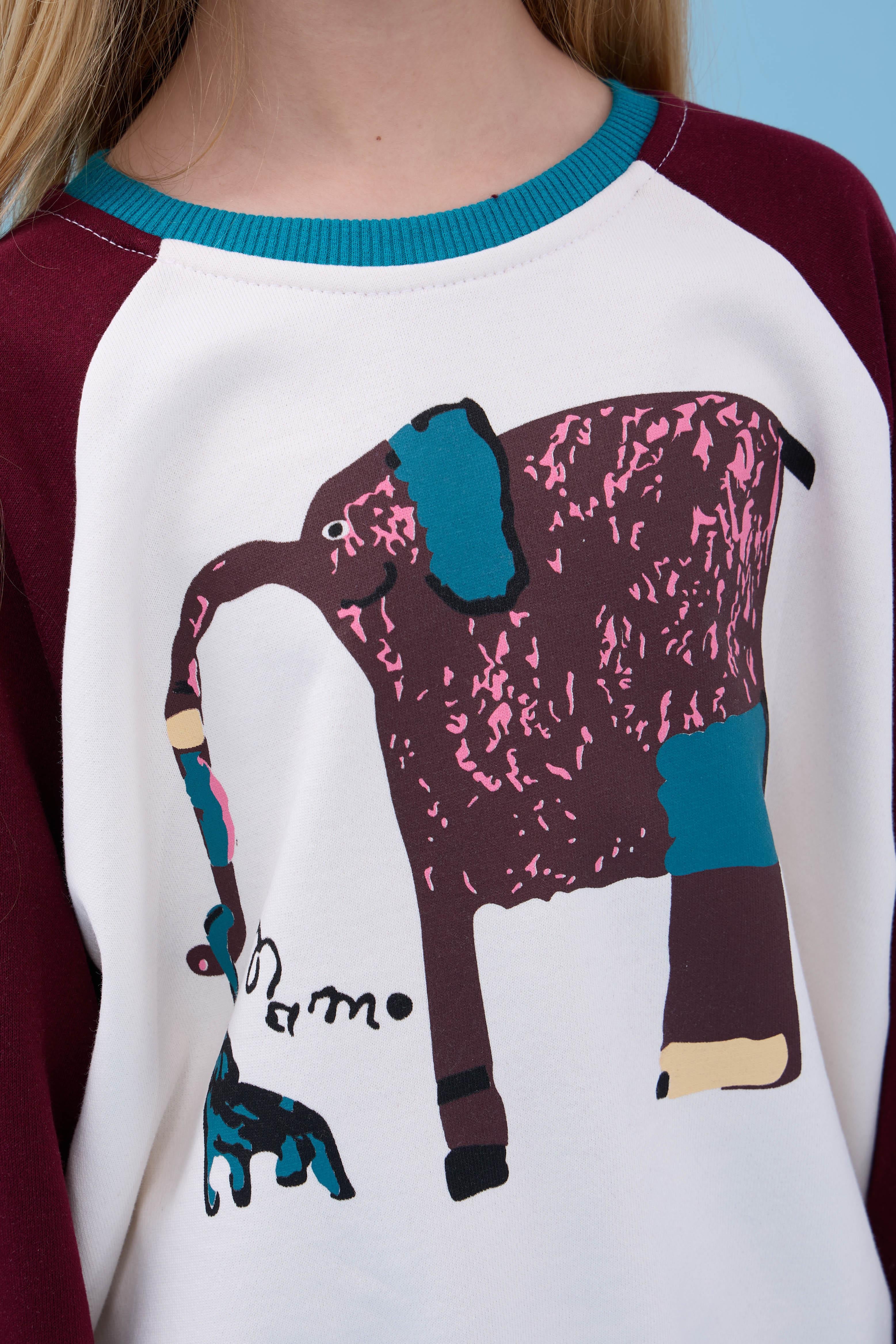 Kız Çocuk Fil Baskılı Bisiklet Yaka Oversize Mevsimlik Sweatshirt - Ekru/Bordo