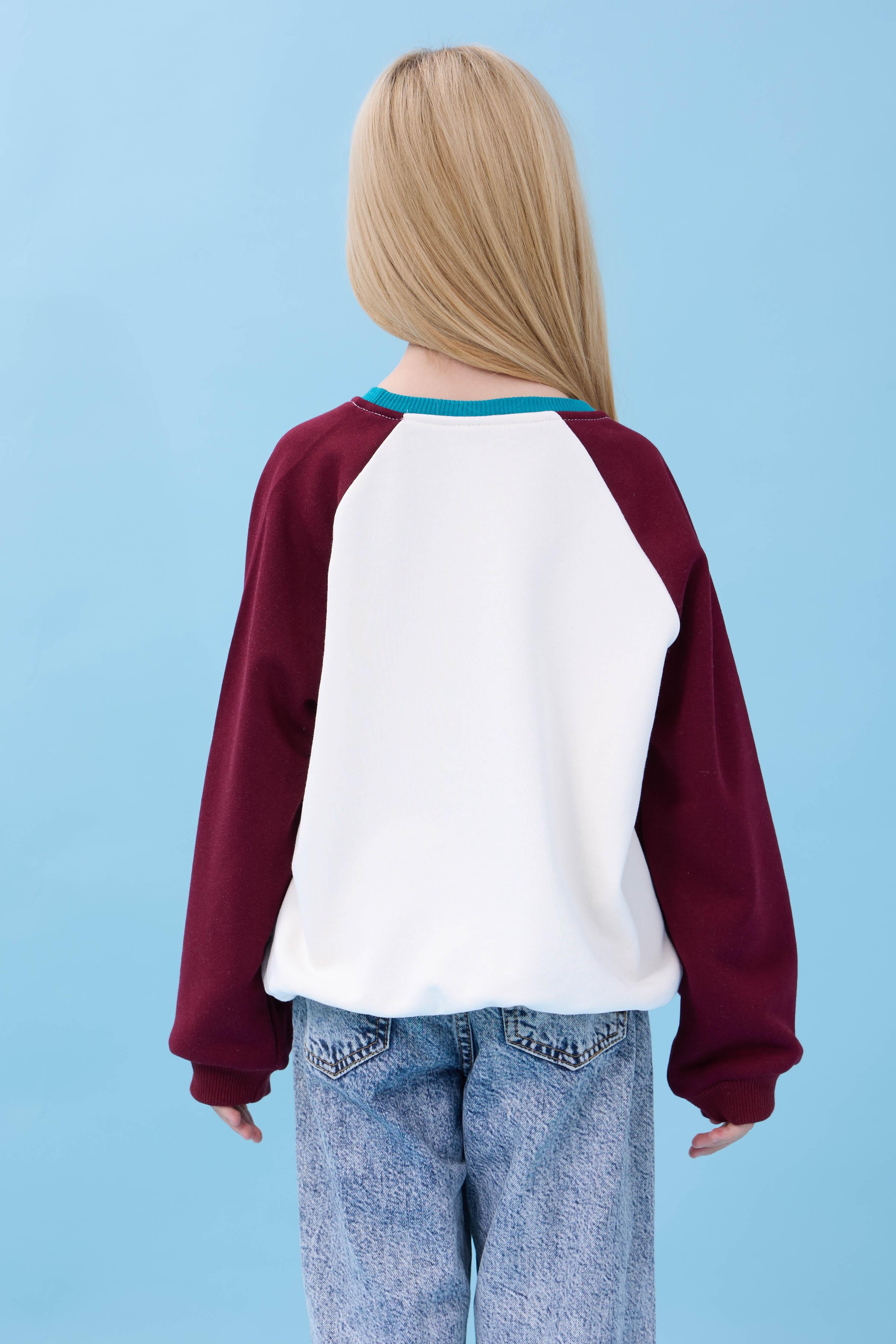 Kız Çocuk Fil Baskılı Bisiklet Yaka Oversize Mevsimlik Sweatshirt - Ekru/Bordo