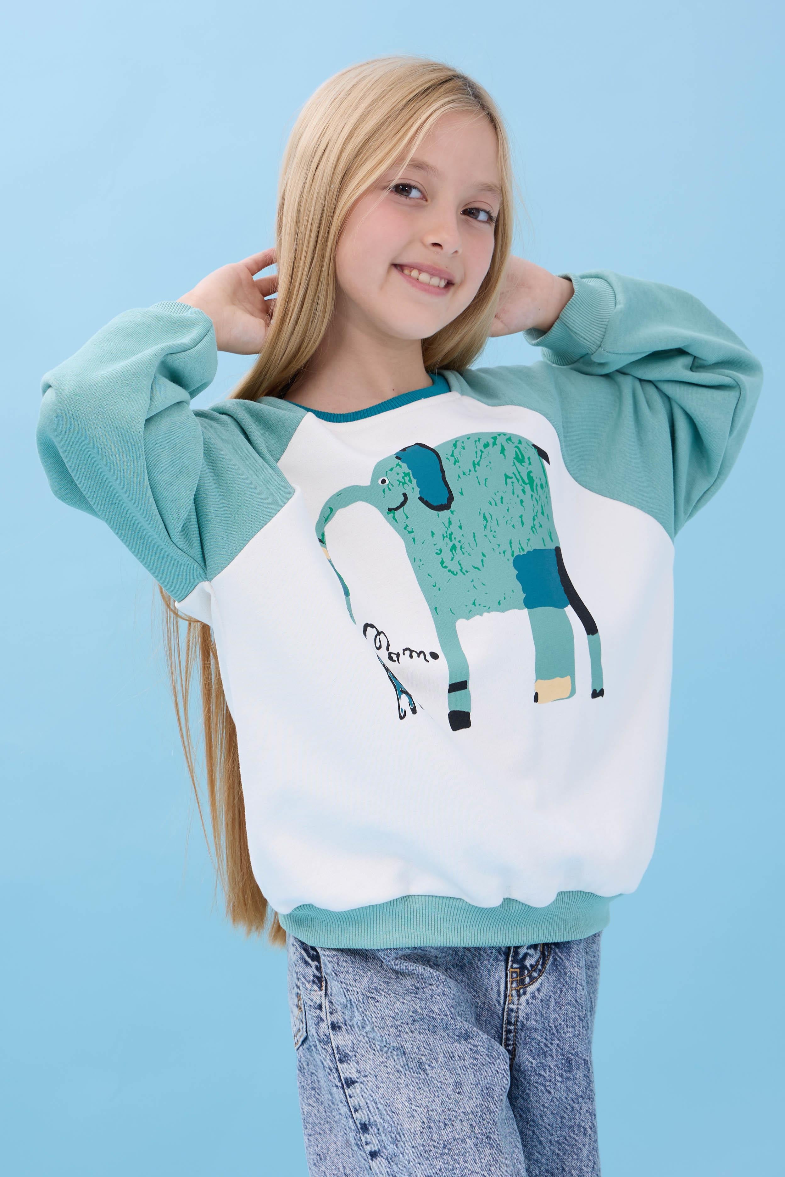 Kız Çocuk Fil Baskılı Bisiklet Yaka Oversize Mevsimlik Sweatshirt - Ekru/Çağla