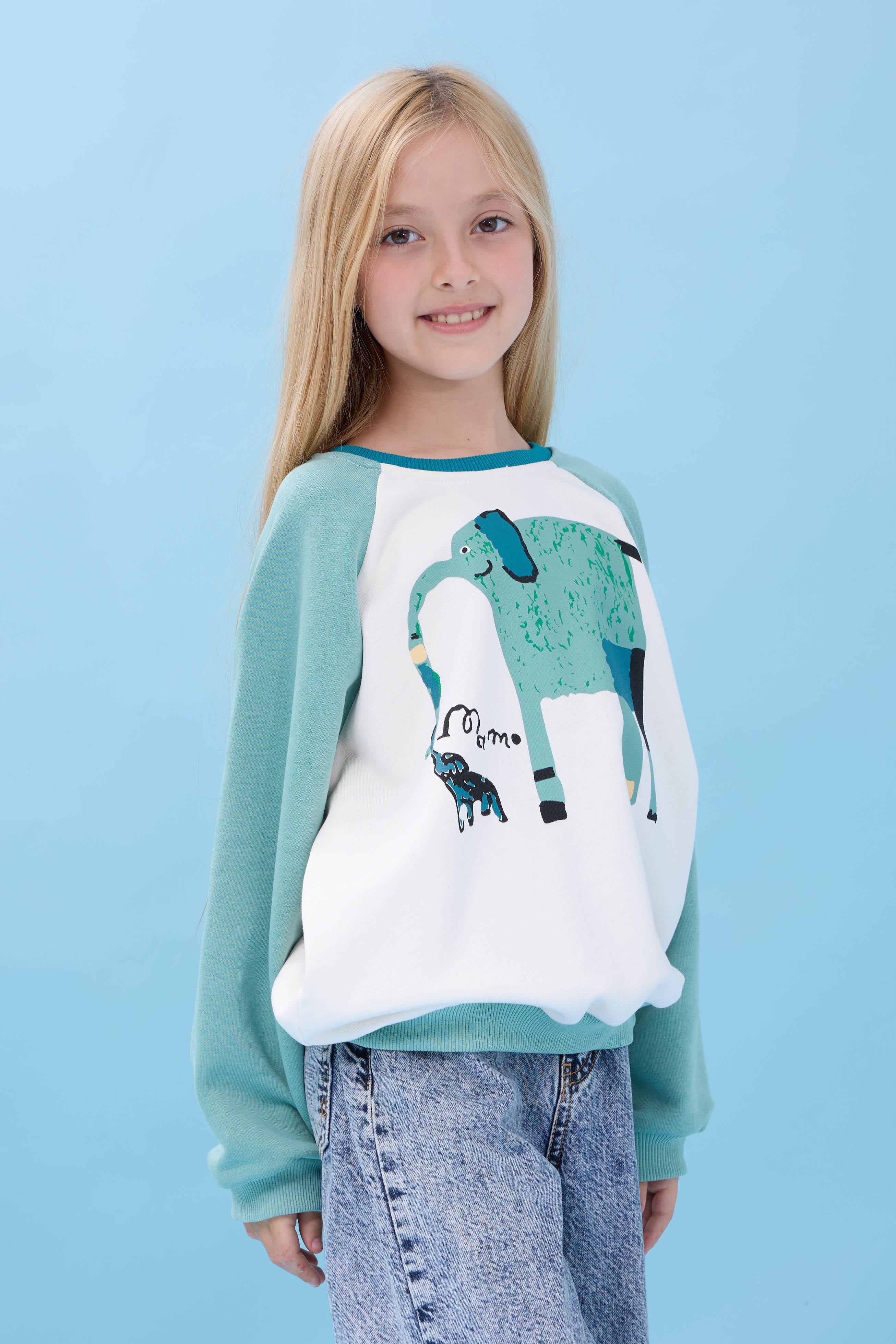 Kız Çocuk Fil Baskılı Bisiklet Yaka Oversize Mevsimlik Sweatshirt - Ekru/Çağla