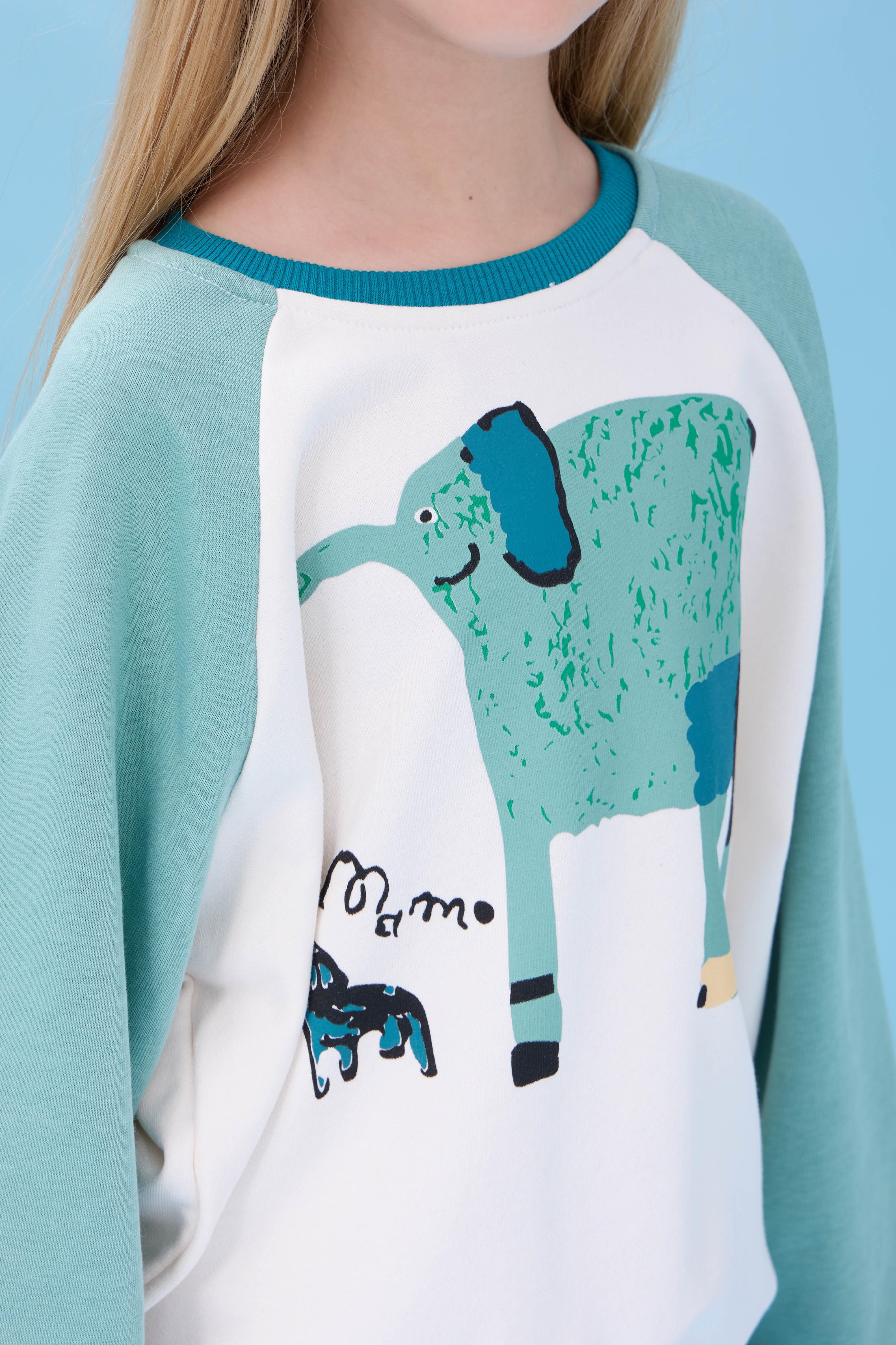 Kız Çocuk Fil Baskılı Bisiklet Yaka Oversize Mevsimlik Sweatshirt - Ekru/Çağla