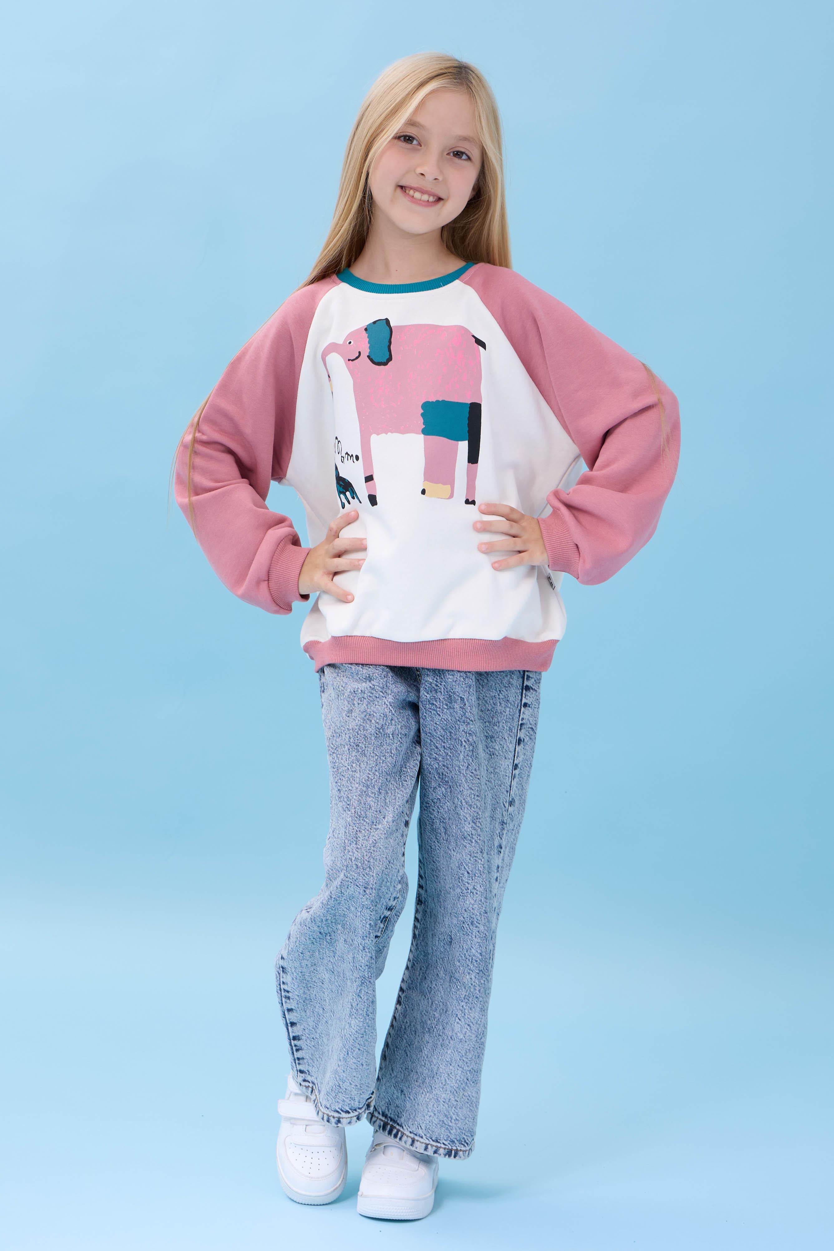 Kız Çocuk Fil Baskılı Bisiklet Yaka Oversize Mevsimlik Sweatshirt - Ekru/Gül Kurusu