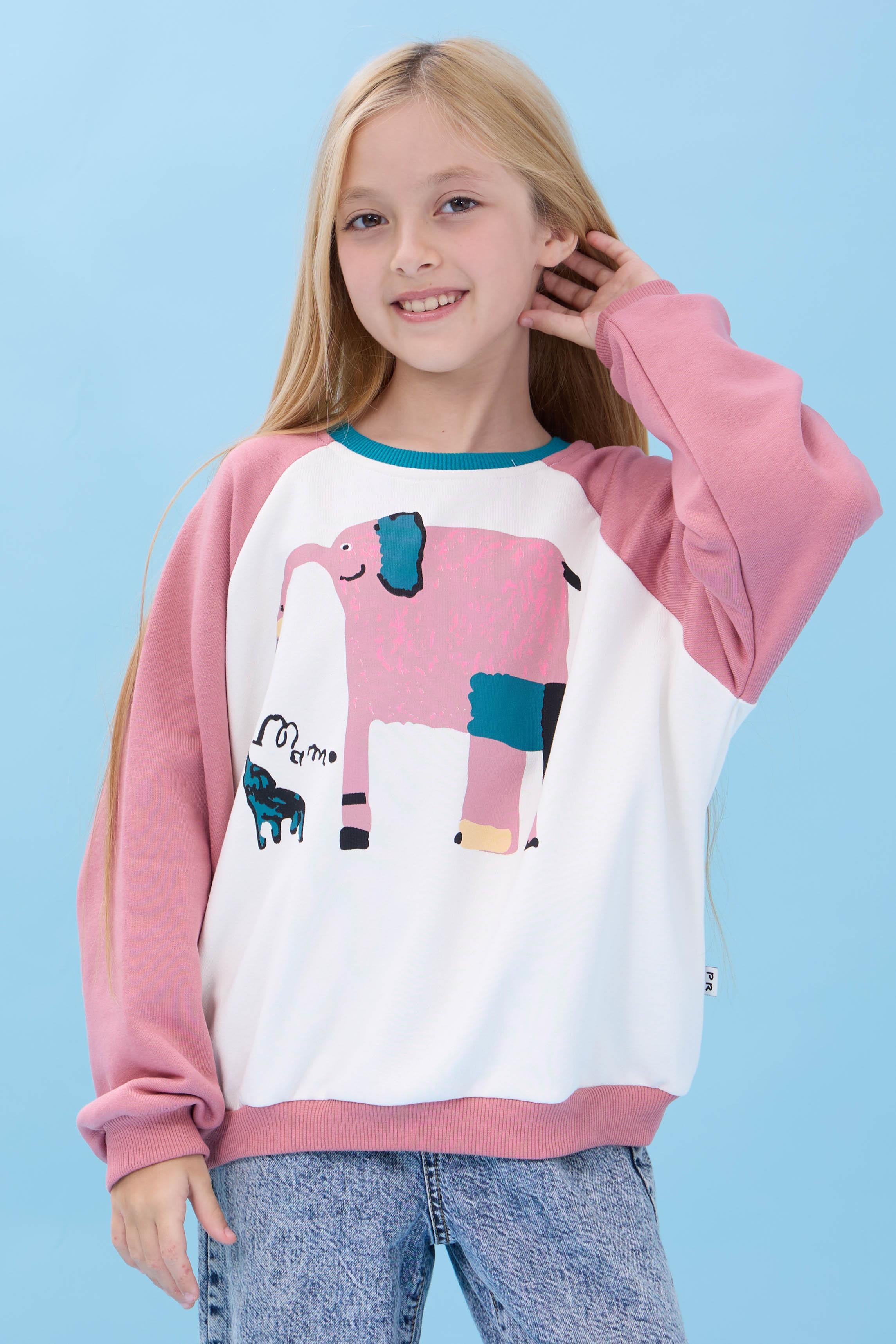 Kız Çocuk Fil Baskılı Bisiklet Yaka Oversize Mevsimlik Sweatshirt - Ekru/Gül Kurusu