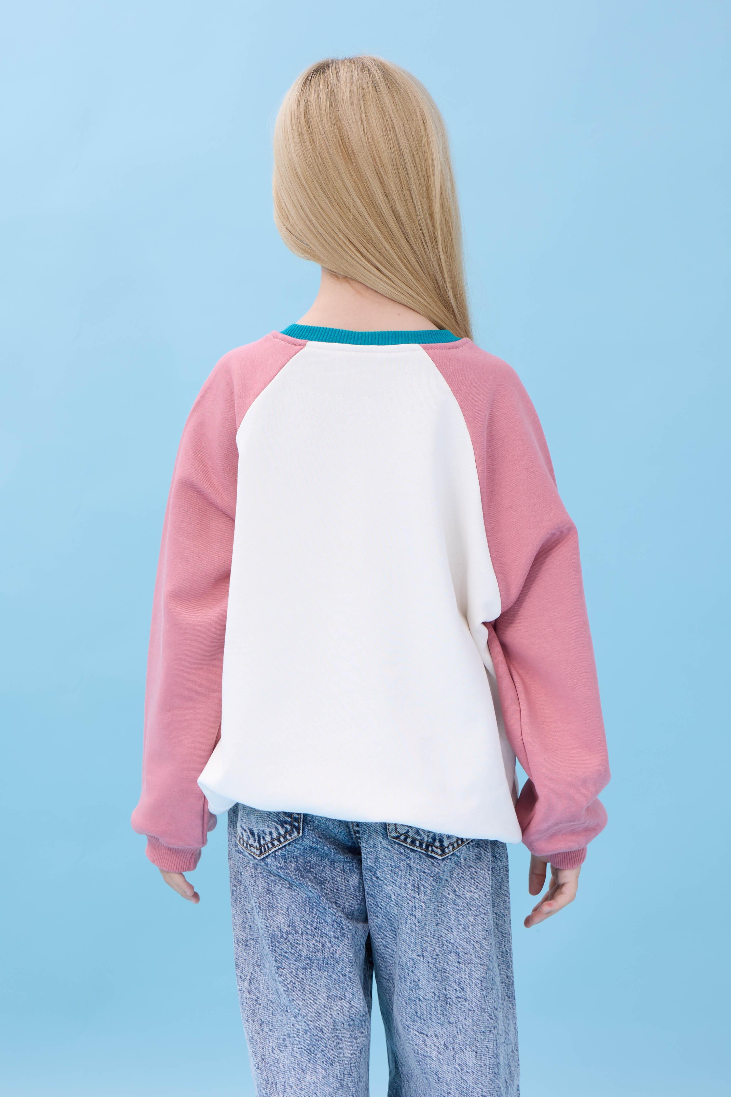 Kız Çocuk Fil Baskılı Bisiklet Yaka Oversize Mevsimlik Sweatshirt - Ekru/Gül Kurusu