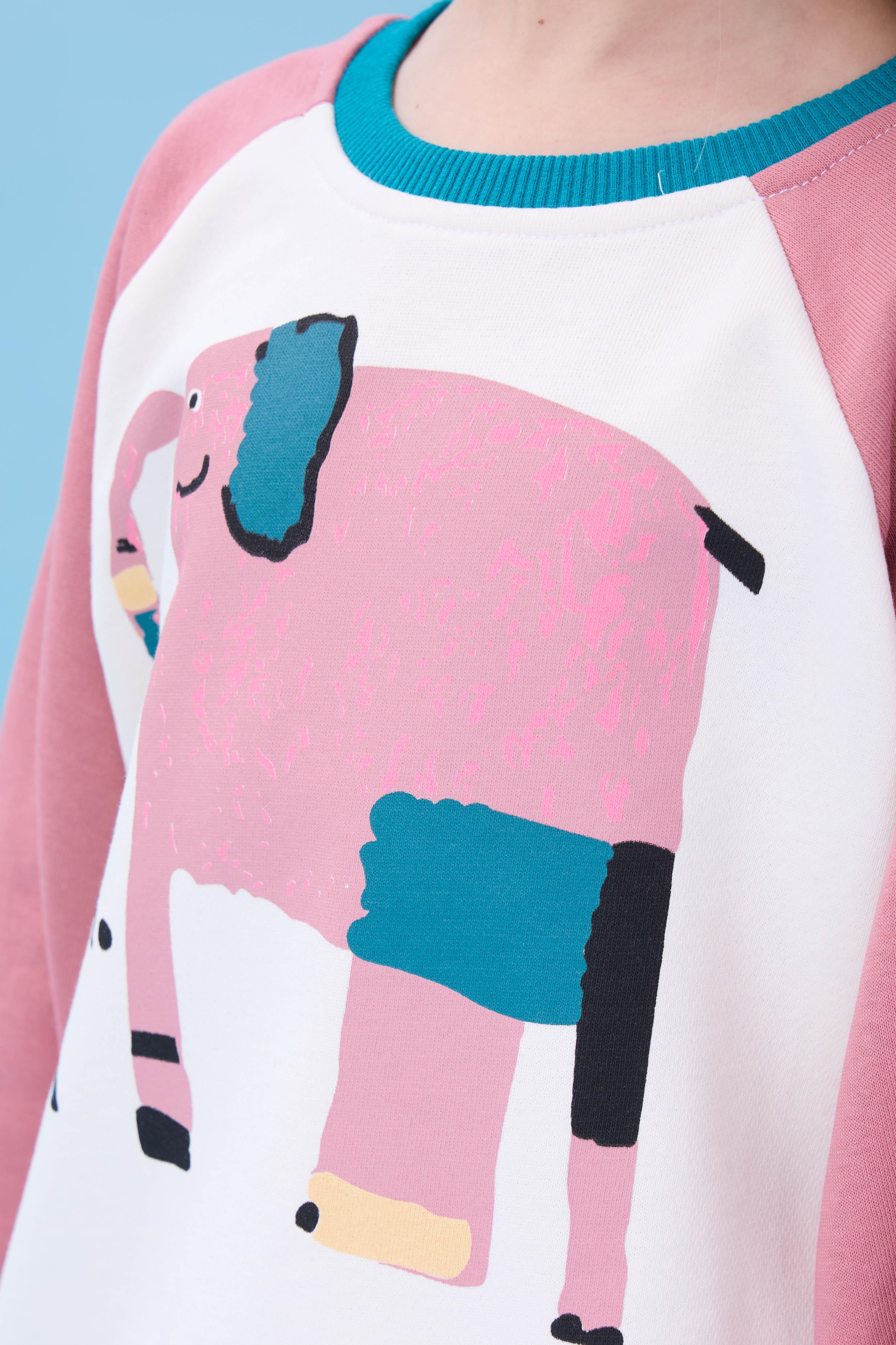 Kız Çocuk Fil Baskılı Bisiklet Yaka Oversize Mevsimlik Sweatshirt - Ekru/Gül Kurusu