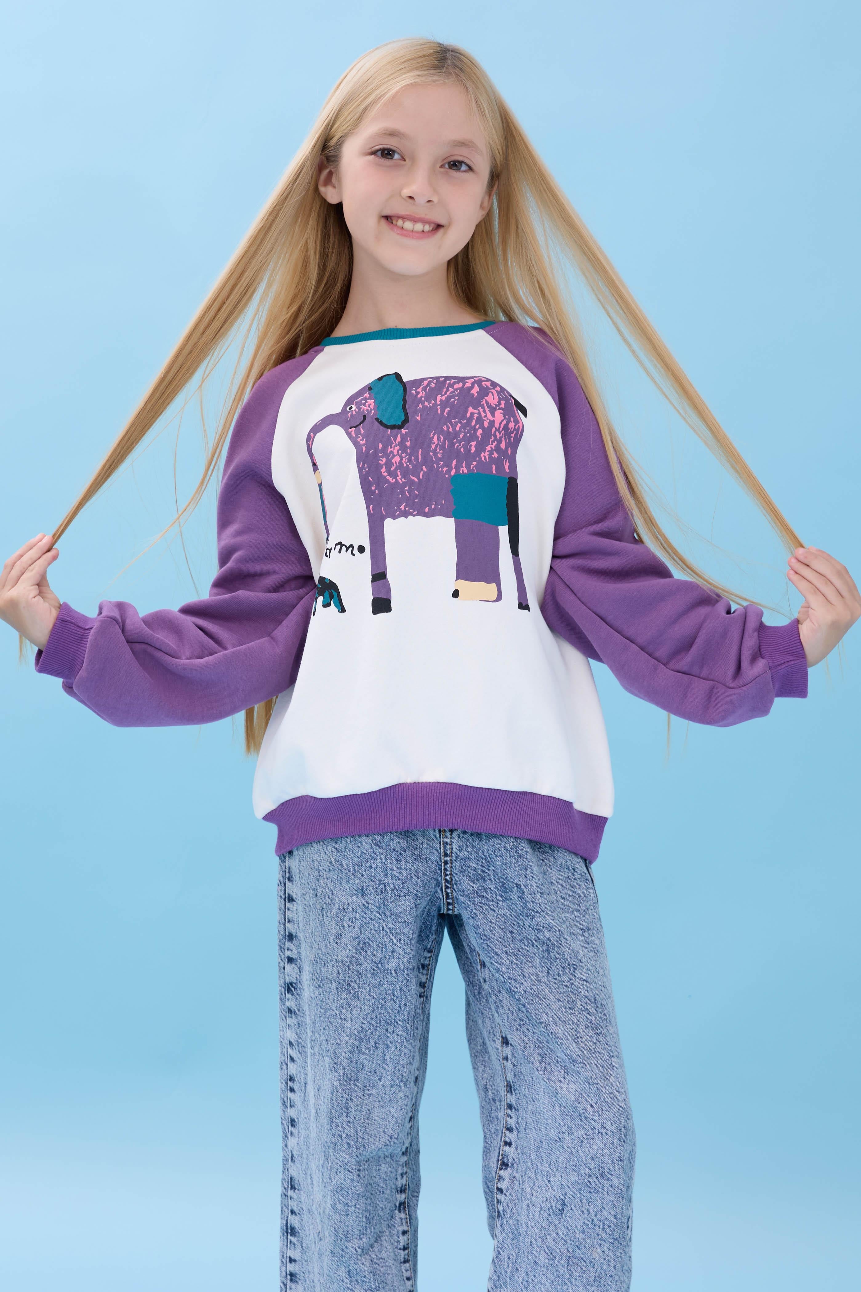 Kız Çocuk Fil Baskılı Bisiklet Yaka Oversize Mevsimlik Sweatshirt - Ekru/Mor