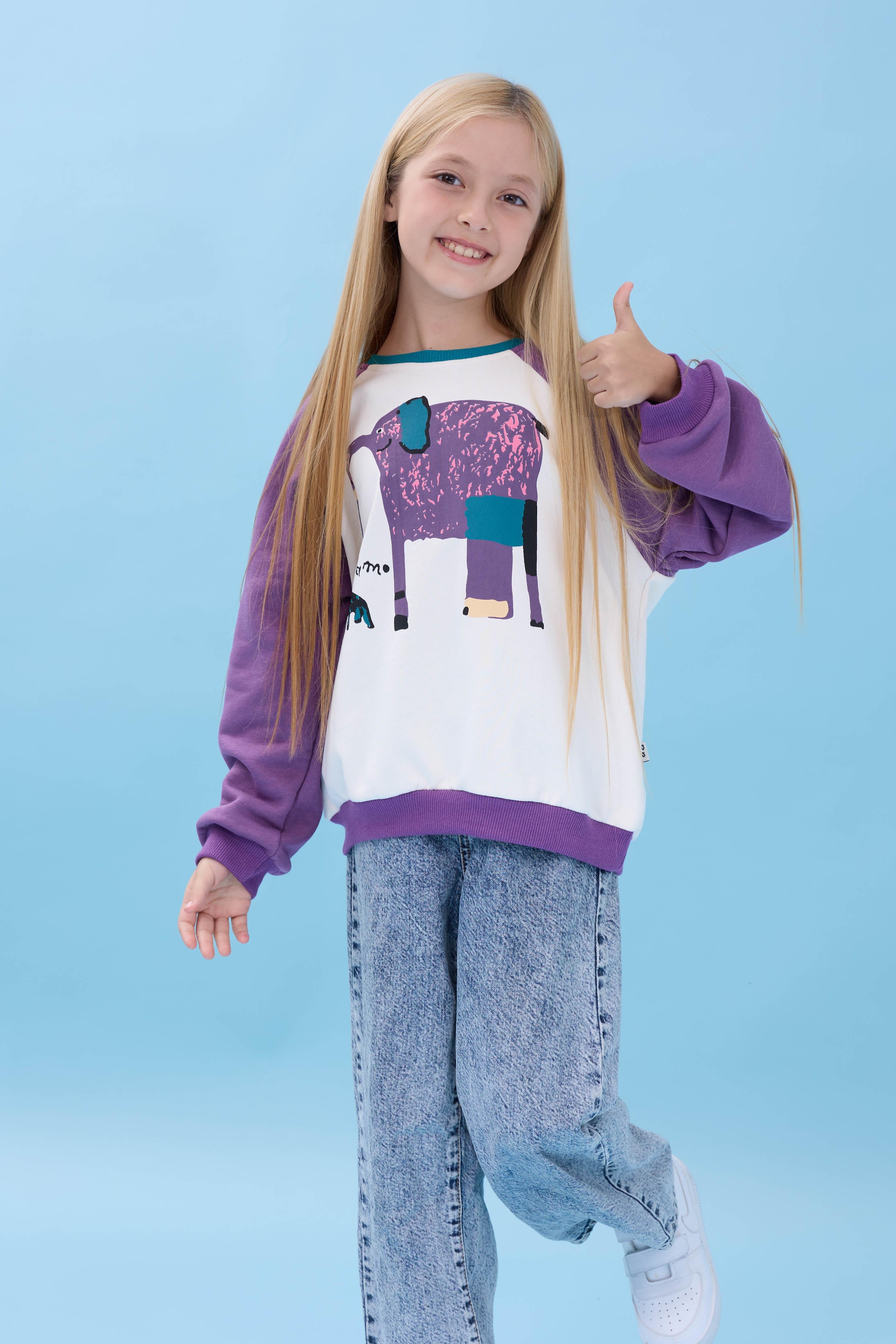 Kız Çocuk Fil Baskılı Bisiklet Yaka Oversize Mevsimlik Sweatshirt - Ekru/Mor
