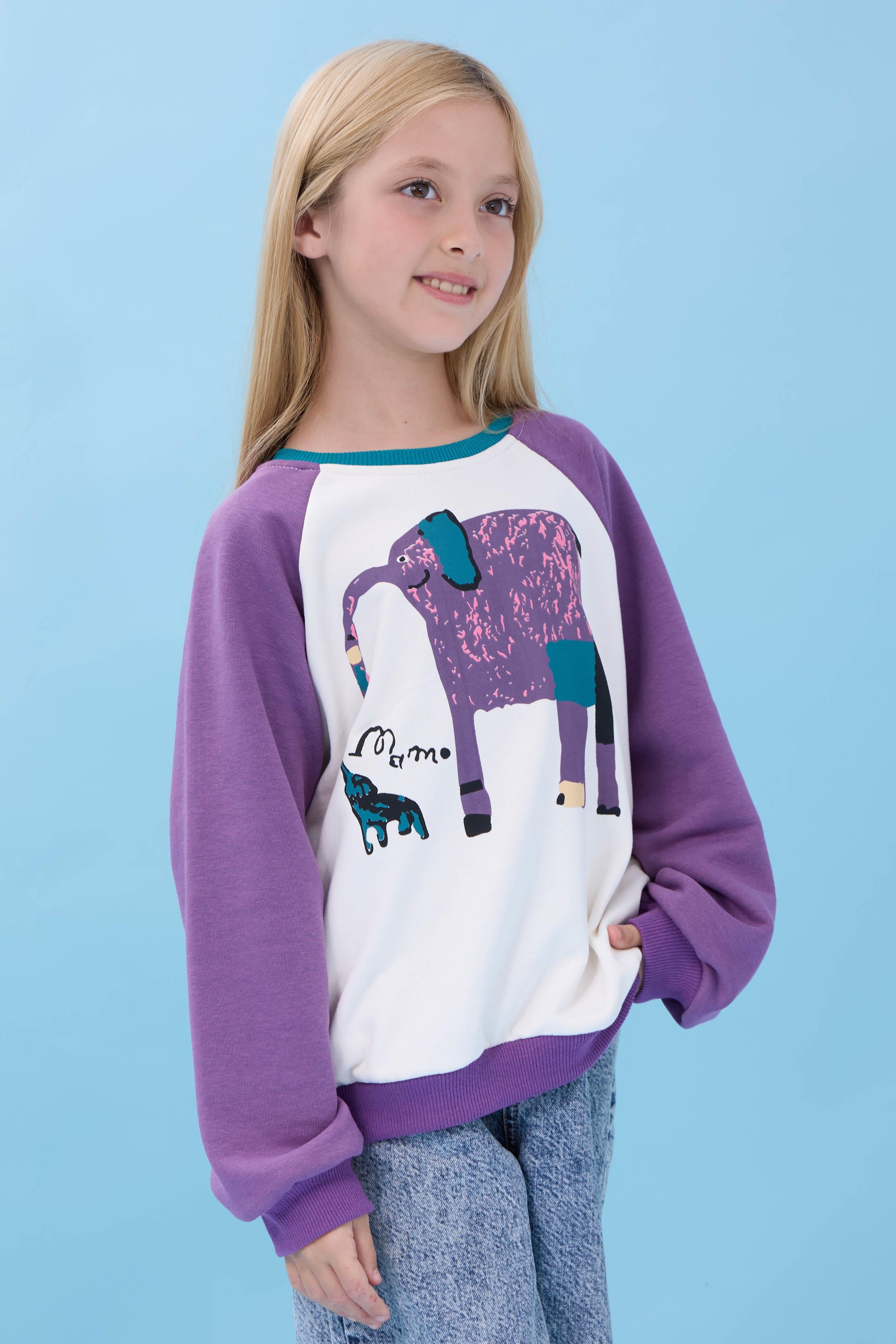 Kız Çocuk Fil Baskılı Bisiklet Yaka Oversize Mevsimlik Sweatshirt - Ekru/Mor