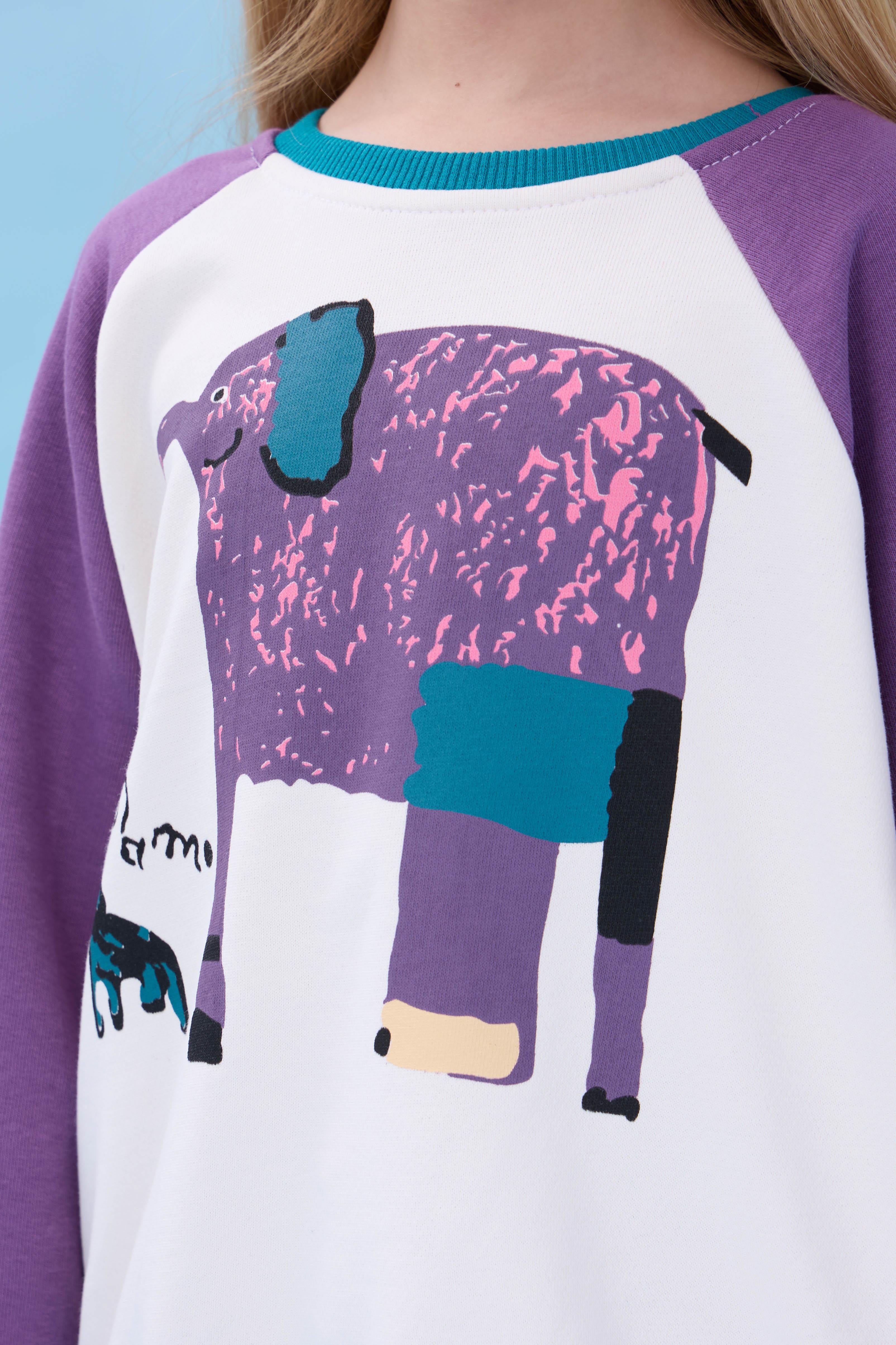 Kız Çocuk Fil Baskılı Bisiklet Yaka Oversize Mevsimlik Sweatshirt - Ekru/Mor