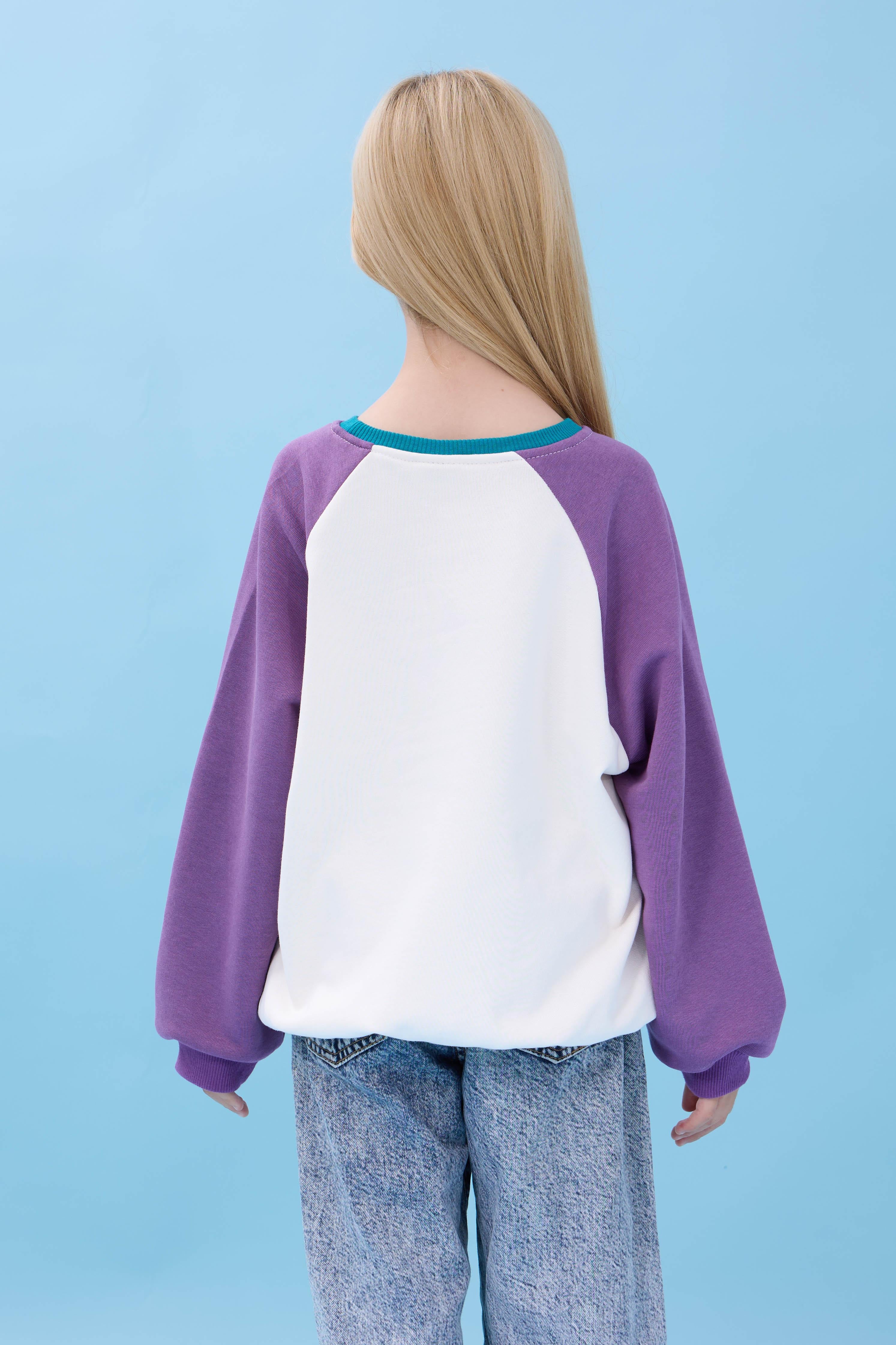 Kız Çocuk Fil Baskılı Bisiklet Yaka Oversize Mevsimlik Sweatshirt - Ekru/Mor