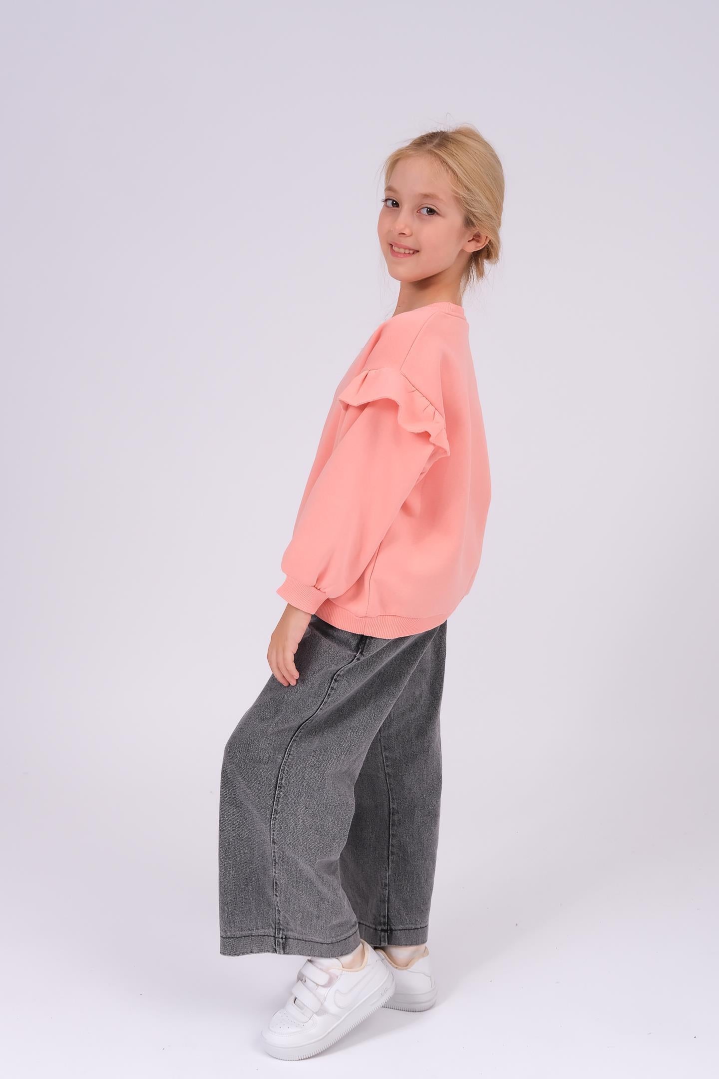 Kız Çocuk Fırfır Detaylı Çiçek İşlemeli Şardonlu Oversize Sweatshirt