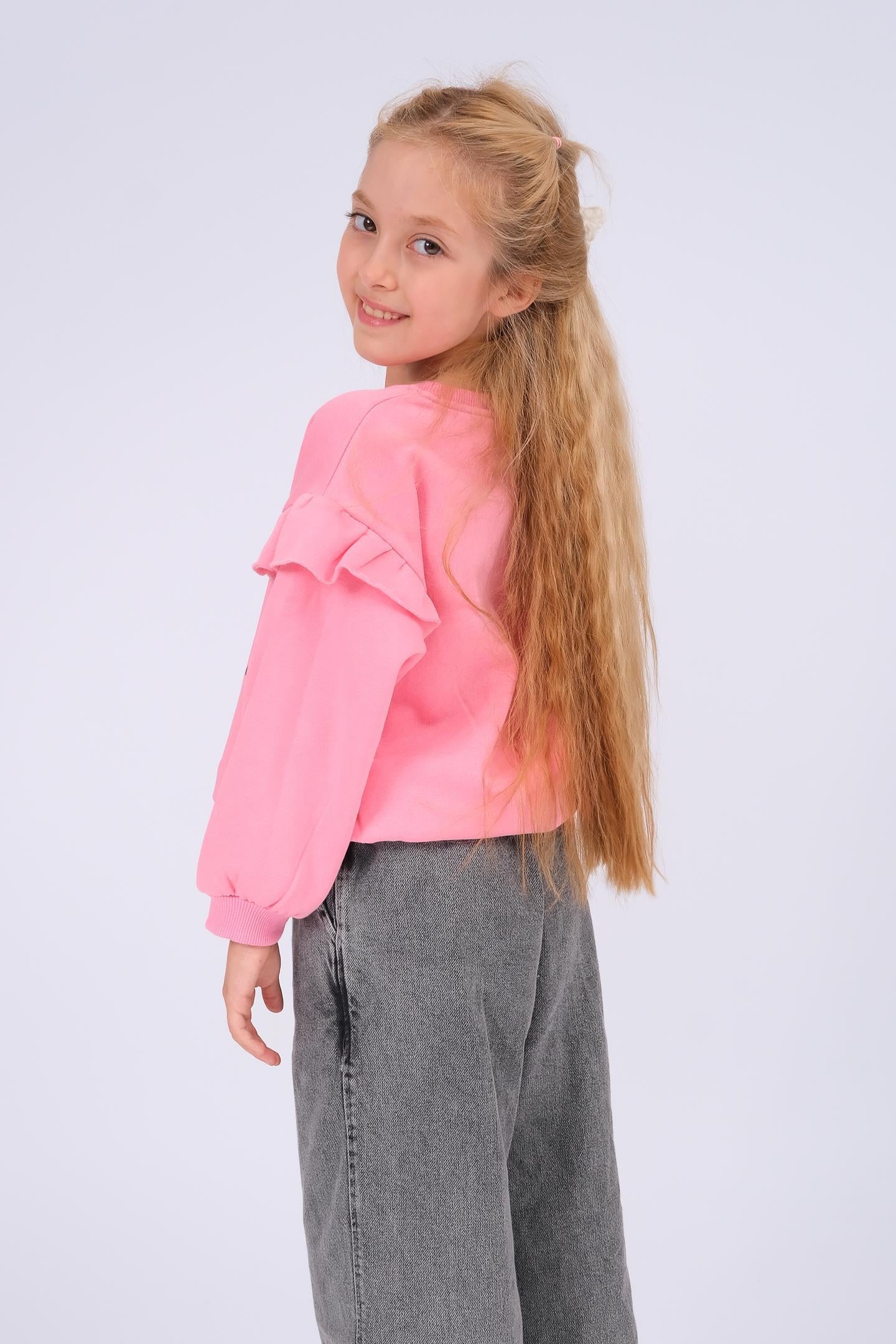 Kız Çocuk Fırfır Detaylı Çiçek İşlemeli Şardonlu Oversize Sweatshirt