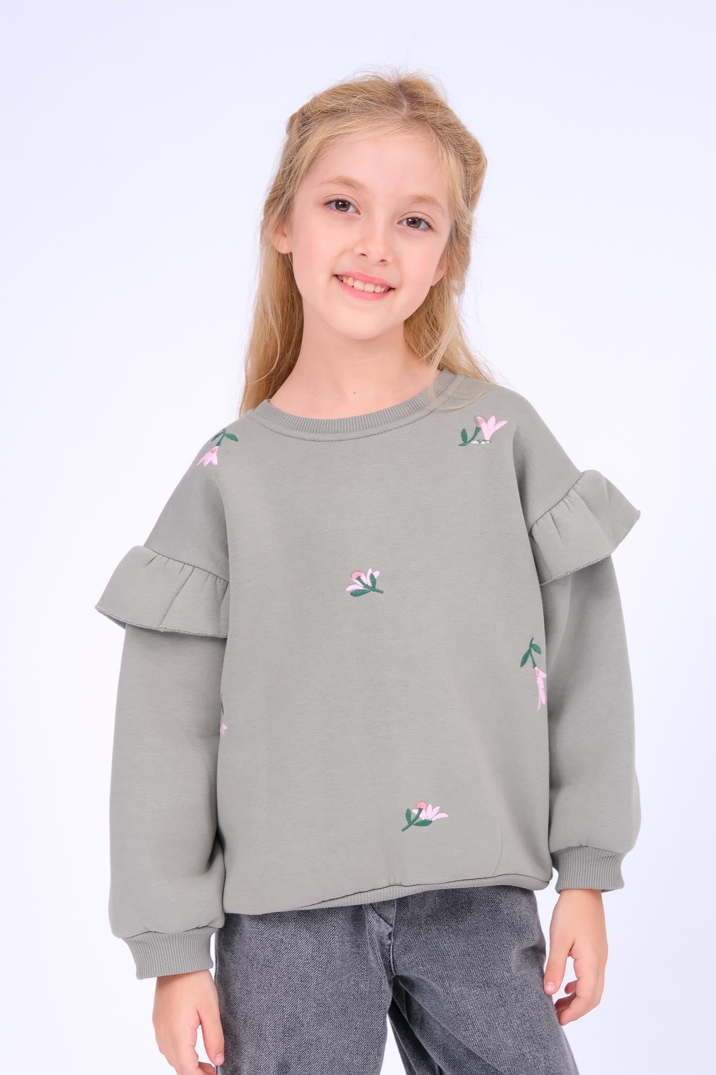 Kız Çocuk Fırfır Detaylı Çiçek İşlemeli Şardonlu Oversize Sweatshirt