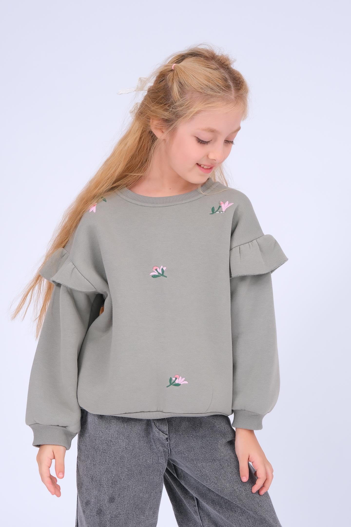 Kız Çocuk Fırfır Detaylı Çiçek İşlemeli Şardonlu Oversize Sweatshirt