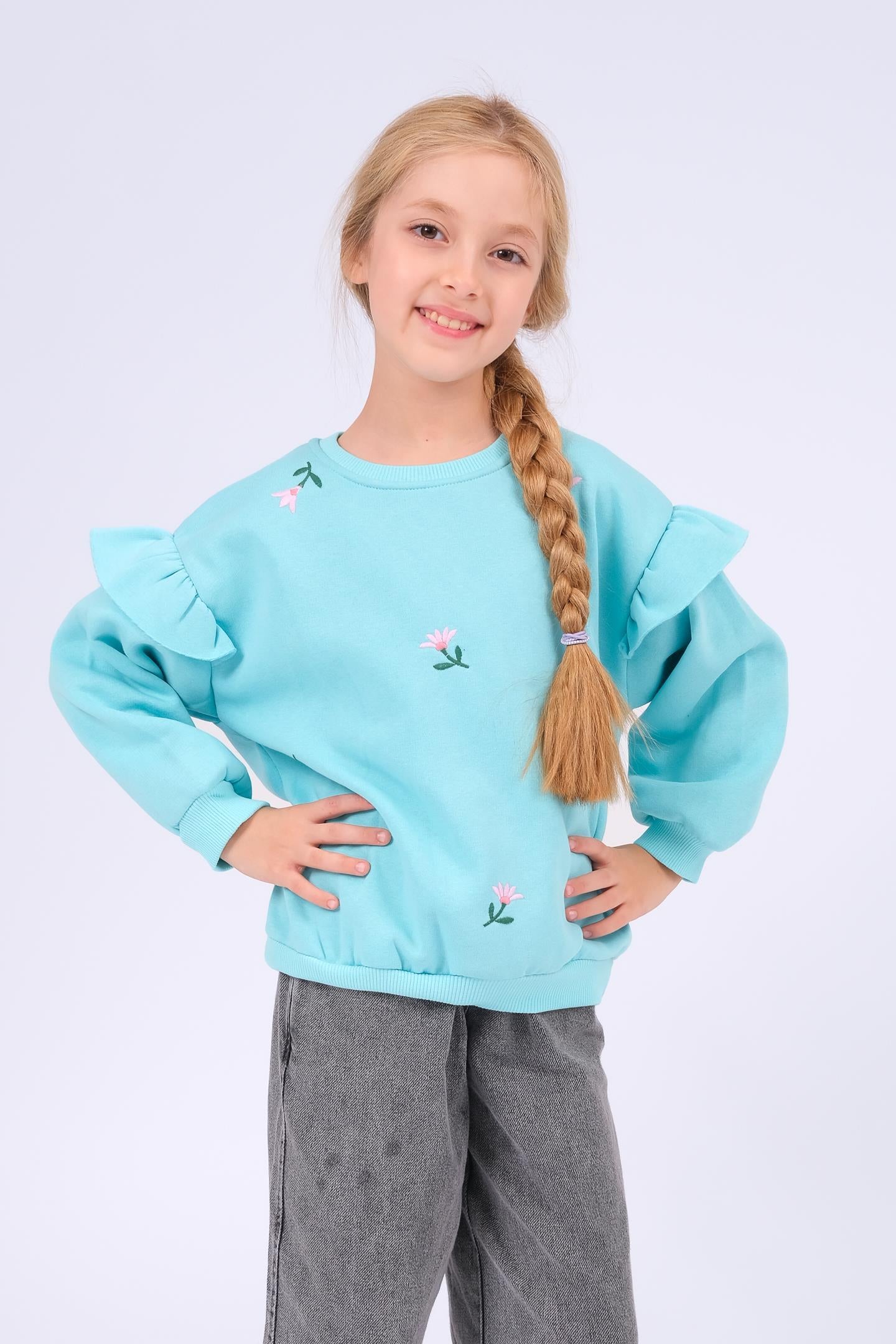 Kız Çocuk Fırfır Detaylı Çiçek İşlemeli Şardonlu Oversize Sweatshirt
