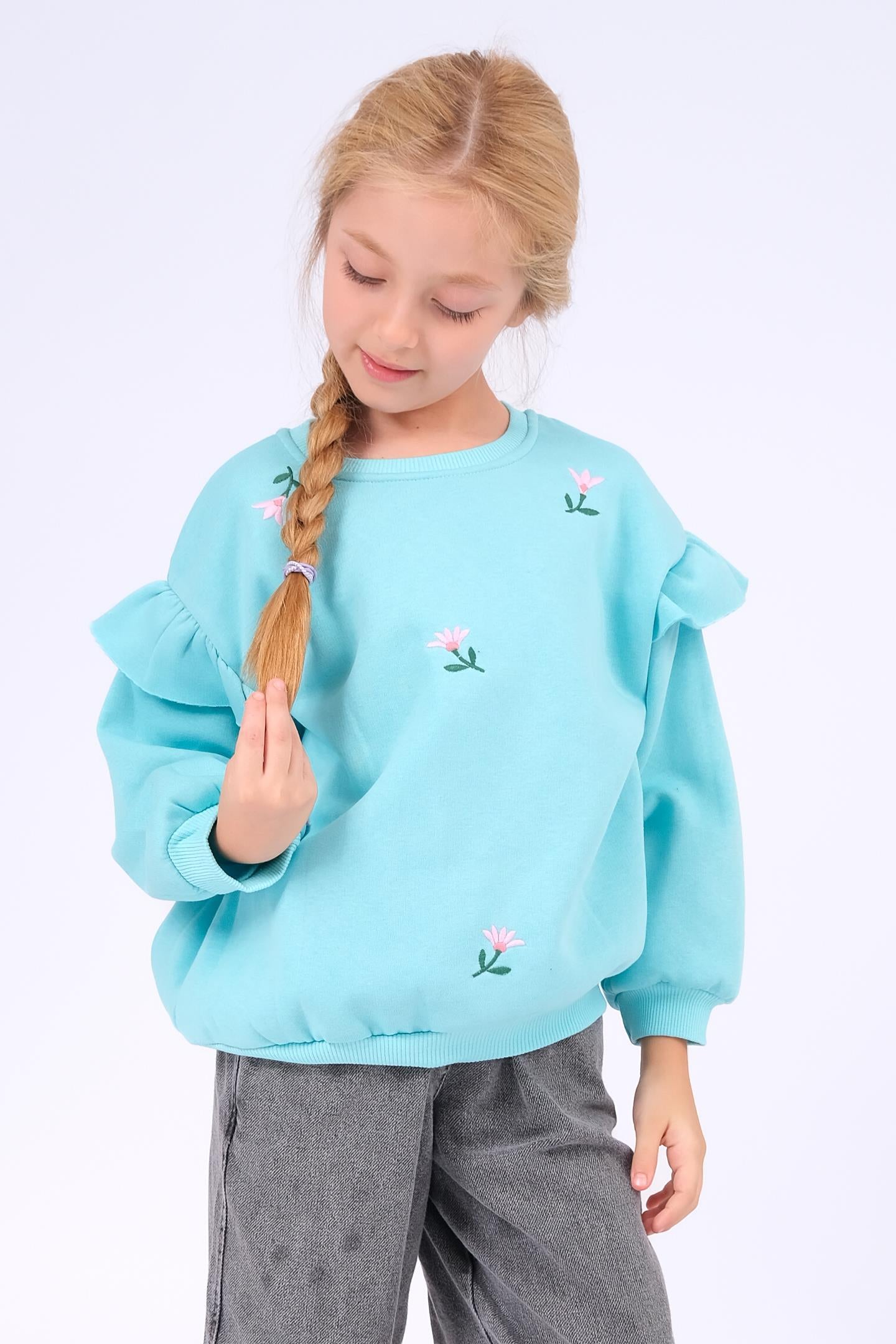 Kız Çocuk Fırfır Detaylı Çiçek İşlemeli Şardonlu Oversize Sweatshirt