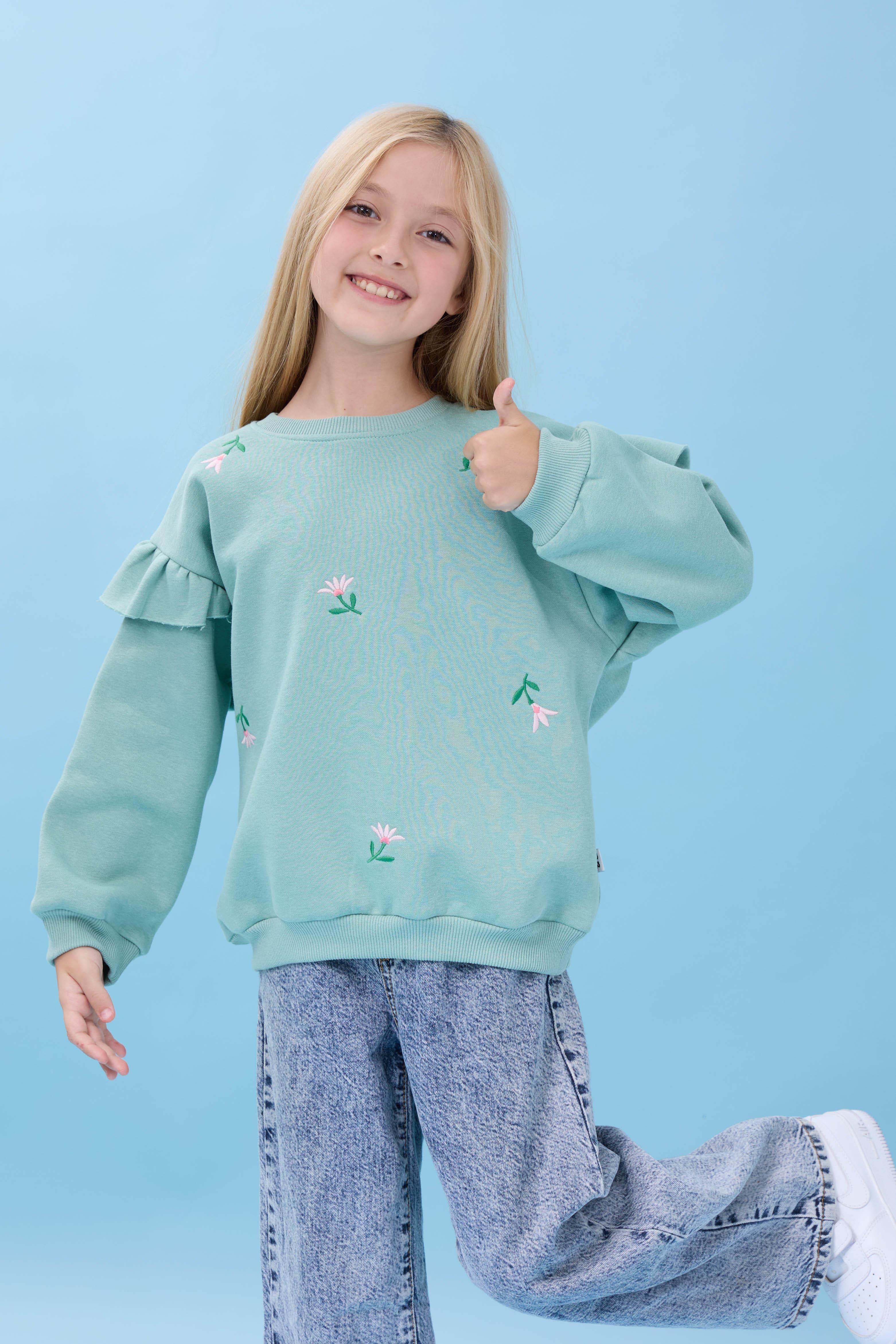 Kız Çocuk Fırfır Detaylı Çiçek İşlemeli Şardonlu Oversize Sweatshirt - Çağla